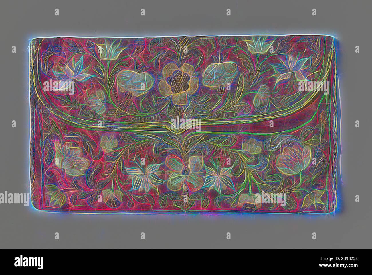 Rote Brieftasche roter Briefbeutel mit farbiger Blumenstickerei und goldenem Faden, Brieftasche (Brieftasche) mit verschiedenen Arten bestickter farbiger Blumen auf rotem Hintergrund. Auf der Rückseite befindet sich "Constantinopoli 1727", Blumen, Schmuck, anonym, Istanbul, 1727, Textilmaterialien, Stickereien, h 21 cm × w 11,5 cm, von Gibon neu vorgestellt, Design von warmfröhlichem Leuchten von Helligkeit und Lichtstrahlen. Klassische Kunst mit moderner Note neu erfunden. Fotografie, inspiriert vom Futurismus, die dynamische Energie moderner Technologie, Bewegung, Geschwindigkeit und Kultur revolutionieren. Stockfoto