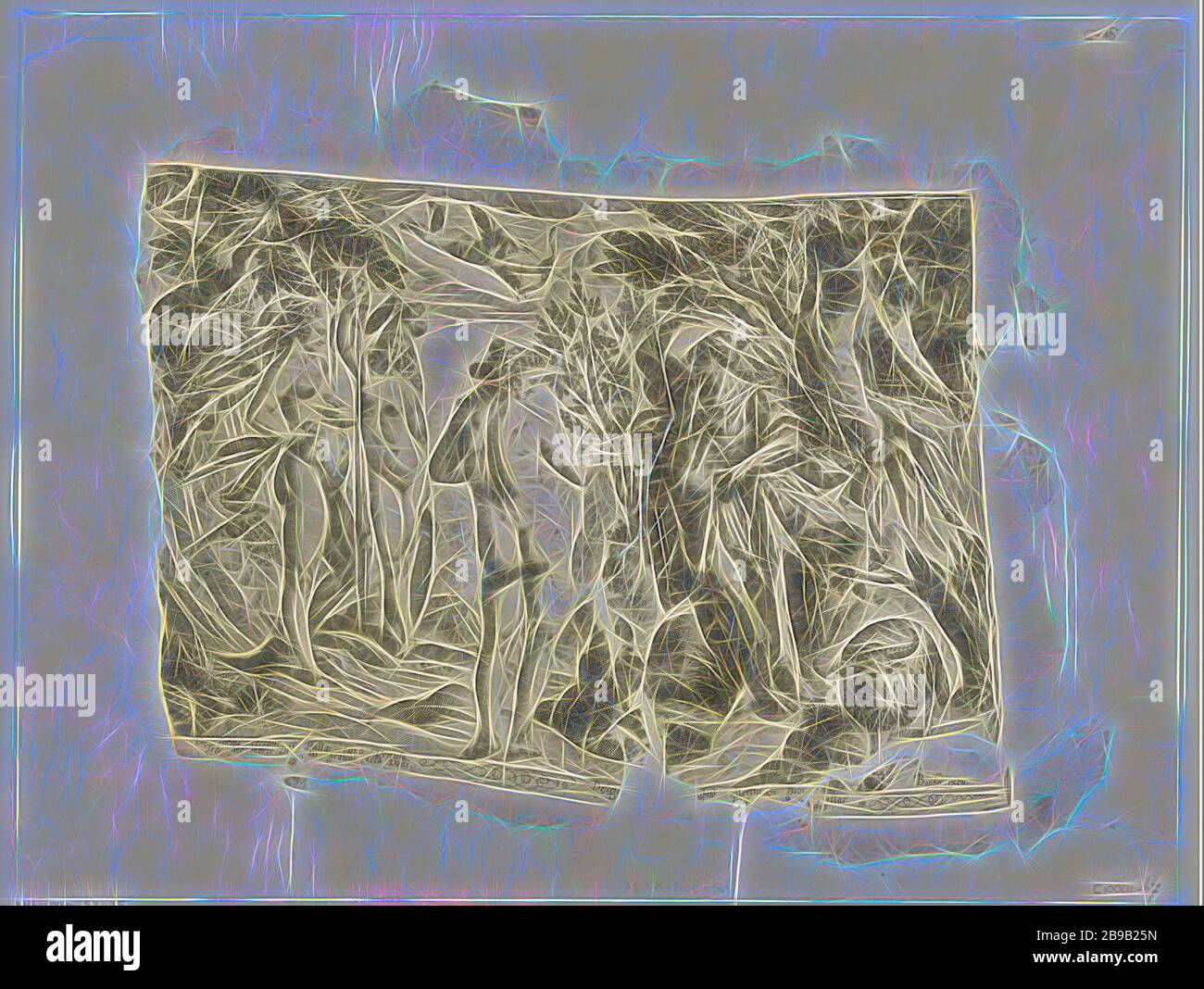Das Urteil von Paris, in einer Waldlandschaft, Pallas, Juno und Venus sehen sich Paris mit Hirtenpersonal und einem Widder neben ihnen gegenüber. Amor schwebt über ihnen und strebt Paris mit Bogen und Pfeil an. Rechts versteckt sich Merkur in einem Baum. Am unteren Rand ein vierzeiligen lateinischen Text. Rekonstruiert aus zwei Fragmenten, dem Urteil von Paris (Merkur vorhanden), Zacharias Dolendo (zugeschrieben), Amsterdam, 1580 - 1596, Papier, Gravur, h 308 mm × w 387 mm, neu von Gibon, Entwurf eines warmfröhlichen Lichts von Helligkeit und Lichtstrahlen. Klassische Kunst mit moderner Note neu erfunden. Fotografie inspiriert B. Stockfoto