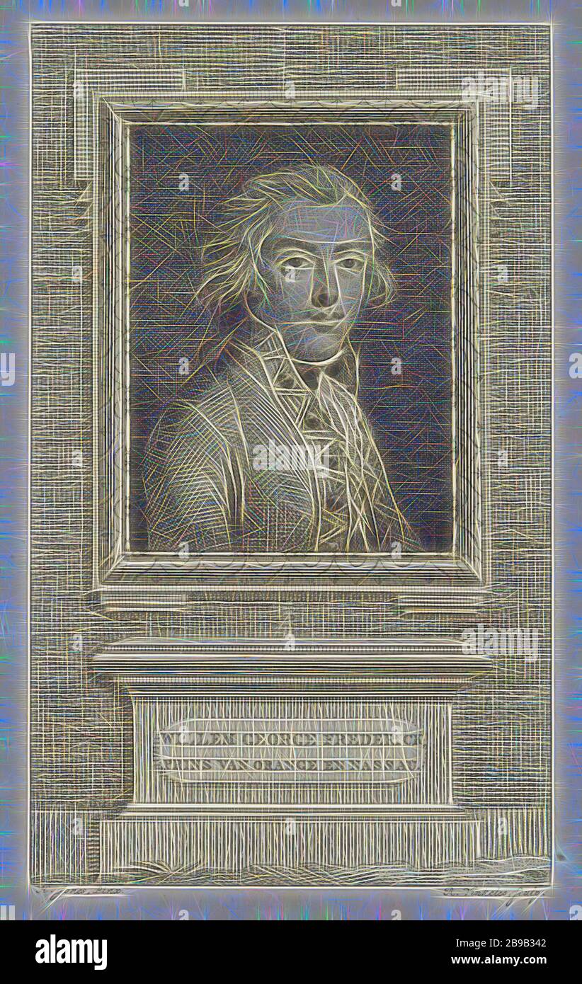 Porträt von Frederik, Prinz von Orange-Nassau, Porträt von Frederik in einem ornamentierten Rechteck. Auf einem Sockel seinen Namen und seinen Titel Frederik (Prinz von Orange-Nassau), Reinier Vinkeles (I) (erwähnt am Objekt), Amsterdam, 170-16, Papier, Radierung, h 222 mm × w 130 mm, von Gibon neu vorstellbar, Design von warmem, fröhlichem Leuchten von Helligkeit und Lichtstrahlen. Klassische Kunst mit moderner Note neu erfunden. Fotografie, inspiriert vom Futurismus, die dynamische Energie moderner Technologie, Bewegung, Geschwindigkeit und Kultur revolutionieren. Stockfoto