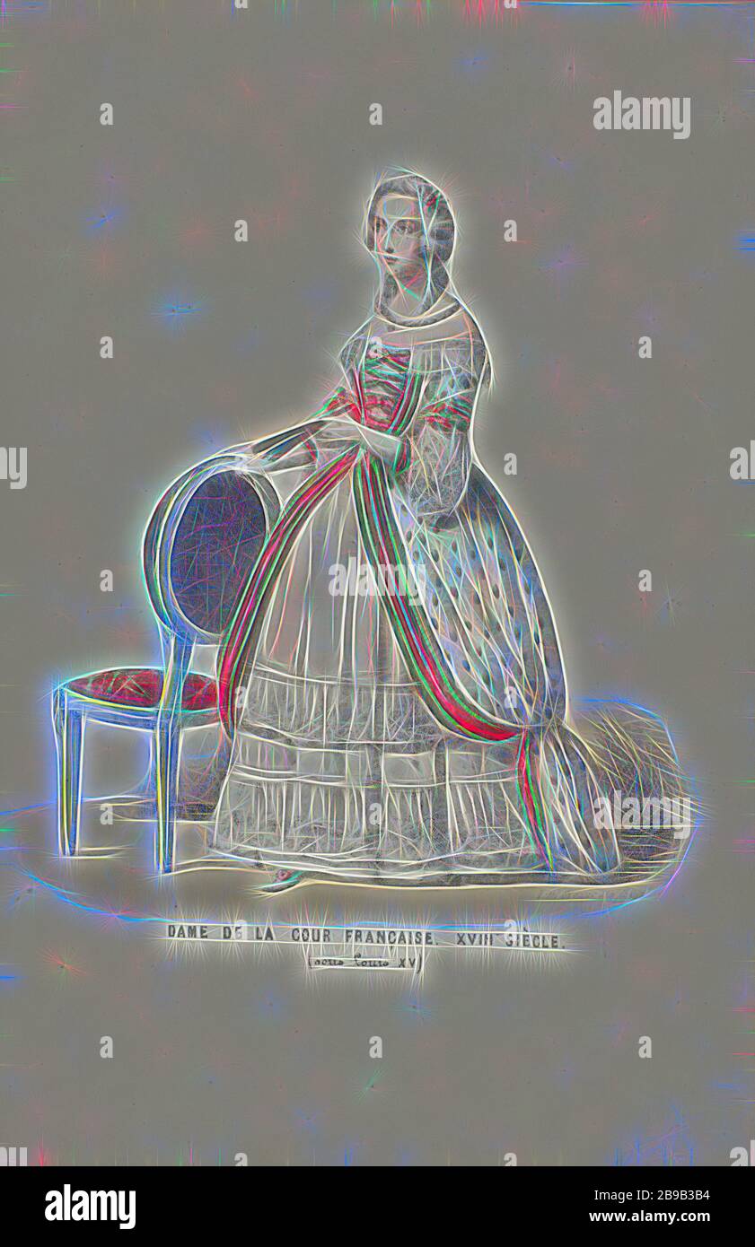 Dame de la Cour Française. XVIII Siècle (sous Louis XV) (Titel auf Objekt), Frau in historischer Tracht einer Magd der Ehre am französischen Hof von Ludwig XV., 18. Jahrhundert. Zusätzliche Aufführung der Blecharbeit am kostümierten Ball, der am 26. Februar in den Haag im Palast des Prinzen von Orange (der spätere König Wilhelm III.) abgehalten wurde, historischer Tracht, Elias Spanier (auf dem Objekt erwähnt), den Haag, von 100-1850, Papier, h 270 mm × w 180 mm, neu von Gibon, Design von warmem, fröhlichem Leuchten von Helligkeit und Lichtstrahlen. Klassische Kunst mit moderner Note neu erfunden. Fotografie invi Stockfoto