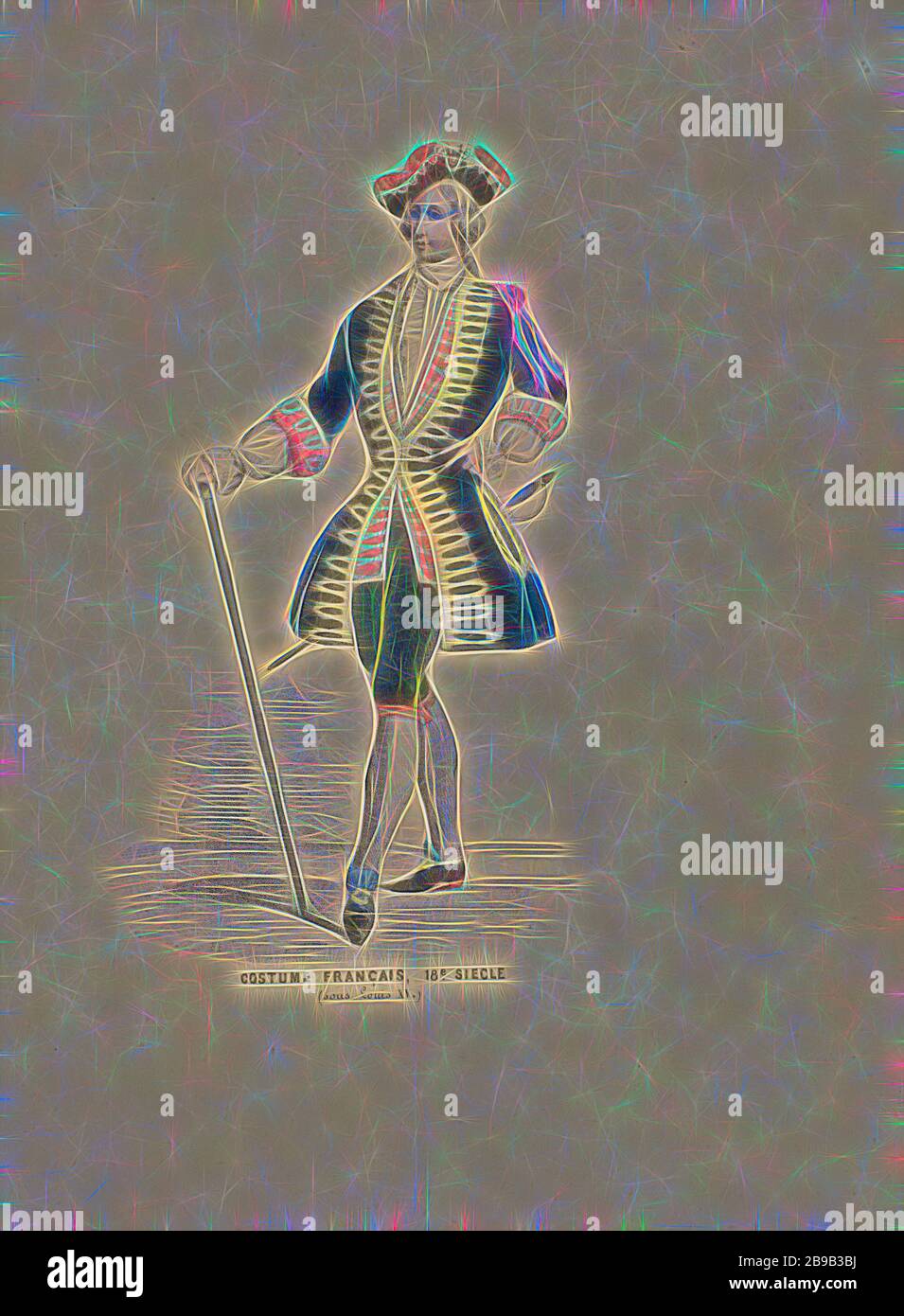Kostüm Français, 18. Siècle (sous Louis XV.) (Titel auf Objekt), Mann in französischer historischer Tracht zur Zeit von Ludwig XV., 18. Zusätzliche Aufführung der Blecharbeit am kostümierten Ball, der am 26. Februar in den Haag im Palast des Prinzen von Orange (der spätere König Wilhelm III.) abgehalten wurde, historischer Tracht, Elias Spanier (zugeschrieben), den Haag, c 1.90-1 1850, Papier, h 302 mm × w 216 mm, von Gibon neu vorgestellt, Design von warmem, fröhlichem Leuchten von Helligkeit und Lichtstrahlen. Klassische Kunst mit moderner Note neu erfunden. Fotografie inspiriert von Futurismus, die dyna umarmt Stockfoto