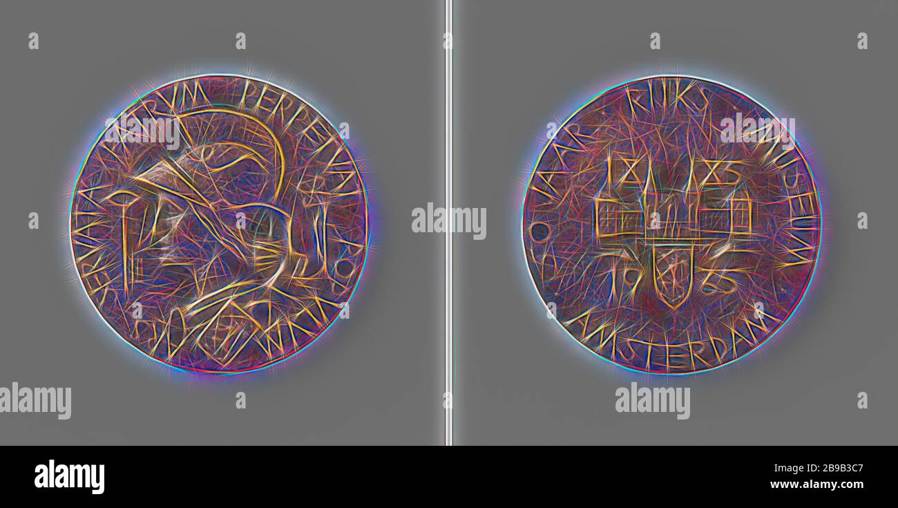 Fünfzig Jahre Rijksmuseum Amsterdam, Bronzemedaille. Vorderseite: Kopf der niederländischen Jungfrau mit Helm, flankiert von Blume und Schlüssel. Niederländisches Wappen am Kragen der Jungfrau, Randschrift: ARS SERVATA PATRUM PERPETUAT PPULUM. Umgekehrt: Niederländisches, mit Gebäude bekröntes Wappen (Rijksmuseum), Datum: 1935, gekennzeichnet, auf der Randmachermarke (unlesbar), Aufschrift: 1885 - 1935 - und Aufschrift: 5 JAHRE RIJKSMUSEUM AMSTERDAM, Dirk Bus, Niederlande, 1935, Bronze (Metall), markant (Metallverarbeitung), d 6 cm × w 82,49 gr, von Gibon neu vorgestellt, Design von warmfröhlichem Leuchten von Helligkeit und Lichtstrahlen Rad Stockfoto