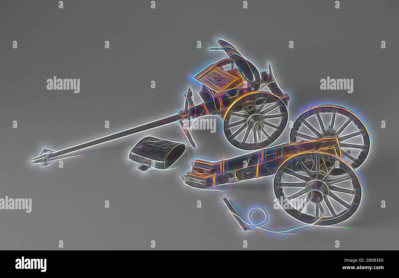 Munitionswagen, der zu einem bronzenen Artillerie-Modell eines kurzen 3-pounder auf Gehäuse gehört, Bronze-Modell eines kurzen 3-pounder auf Gehäuse und mit Munition Frontwagen. Das Gehäuse ist auf der rechten Wange MIT EINEM Gewicht von 3 lb gekennzeichnet. M.K. N.1 UND 1/6. Die Markierung A 3 lb befindet sich auf der linken Wange. M. L. zu finden. Die Markierung N = 1 und t 1/6 sind an der Nabe der beiden Räder befestigt. Die Markierung N = 1 wird an beiden Naben und an der Rückseite des Achskörpers auf das Vorderfahrzeug angewendet. Die Kanone und die Schleppstangen des Frontwagens fehlen, ebenso die Ladewerkzeuge., Bronze (Metall), Holz (Werkmaterial), l 75 cm × w 32 cm × h 19 cm, Imagin Stockfoto