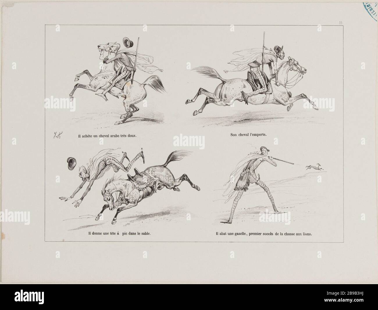 Album-Abenteuer und Enttäuschungen Herr von Lapinière: Plate # 19 Jean-Victor Adam, dit Victor Adam (1801-1866), peintre et lithographe français. Album 'Aventures et désappountements de Mr de la Lapinière' : Planche Nr. 19. Lithographie, XIXème siècle. Paris, musée Carnavalet. Stockfoto