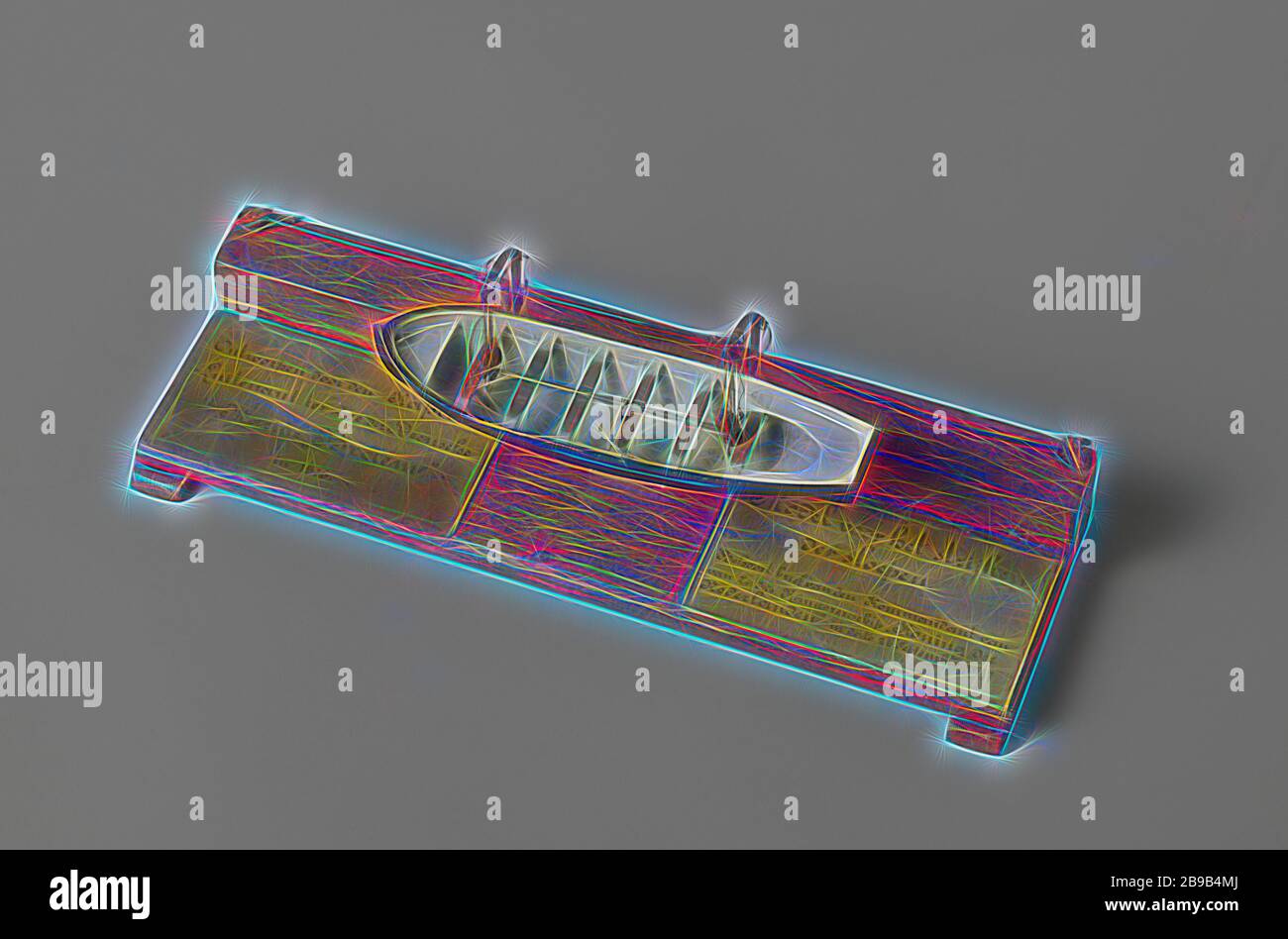 Modell einer Rettungsschwimmerfreigabe, Modell einer Schlaufe auf zwei Nagelsägen, auf einem Dielen. Das Modell demonstriert die Schlaufenfalle des Schlings, wobei zwei Haken die Hebezeuge der Davits lösen, indem sie einen Haken in der Mitte lösen. Der Schlaufe ist glatt mit einem flachen Spiegel, der zu beiden Enden hin steil aufsteigt, er hat eine offene Kabine und sechs Rümpfe., anonym, Dänemark (möglicherweise), 1876, Holz (Pflanzenmaterial), Messing (Legierung), Seil, Textilmaterialien, Modell: h 10,6 cm × w 30,3 cm × d 10,7 cm Verpackungskapsel: h 35,5 cm × w 74 cm × d 41 cm, von Gibon neu gestaltet, Design von warmfröhlichem Leuchten von Helligkeit und Lichtstrahlen Stockfoto