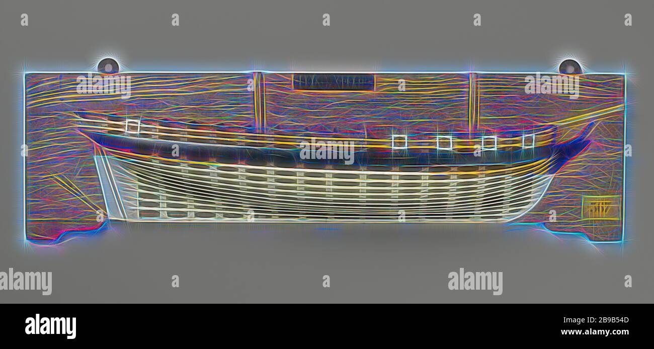 Halbmodell oder ein 18-Gun Brig, Polychromed Formmodell (Steuerbord) eines Zweimastes. Zehn Waffenöffnungen auf einem Deck. Gedrehter Spiegel, hohler wulf, keine Details von Zaun oder Seitengalerie, gerades Seitenruder mit quadratischem Ruderkönig. Leicht nach vorne und hinten ansteigend, ein Barholz. Durchgesickerte Trusse. Skala CA. 1:55 (abgeleitet)., Zwaluw (Schiff), anonym, Rotterdam (möglicherweise), c Aus Holz (Pflanzenmaterial), h 23,3 cm × w 75,7 cm × d 10 cm, von Gibon neu vorgestellt, Design von warmfröhlichem Leuchten von Helligkeit und Lichtstrahlen. Klassische Kunst mit moderner Note neu erfunden. Vom Futurismus inspirierte Fotografie, umarmt Stockfoto