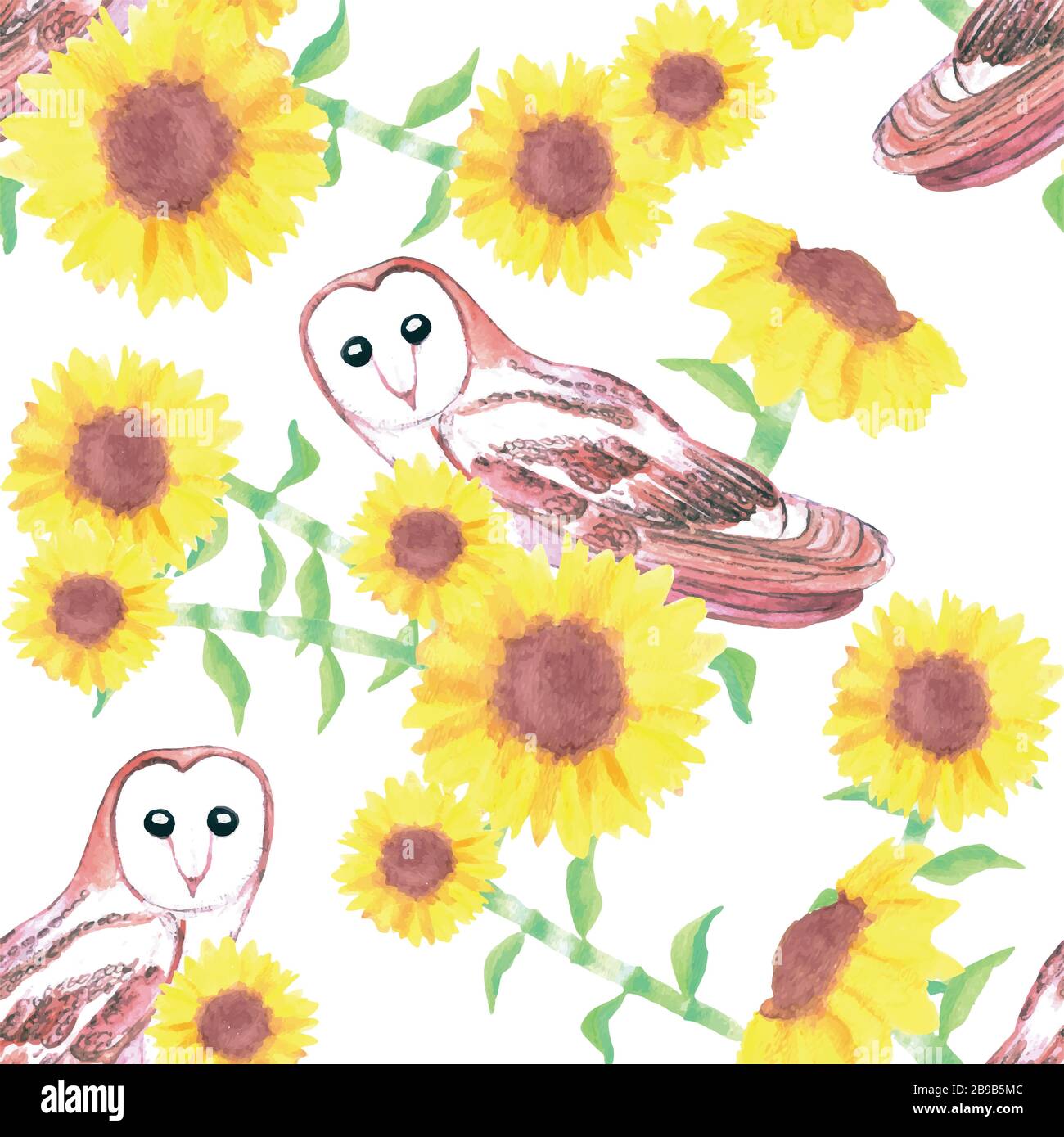 Scheune Eule oder Tyto alba und Sonnenblumen nahtloser Hintergrund Stock Vektor