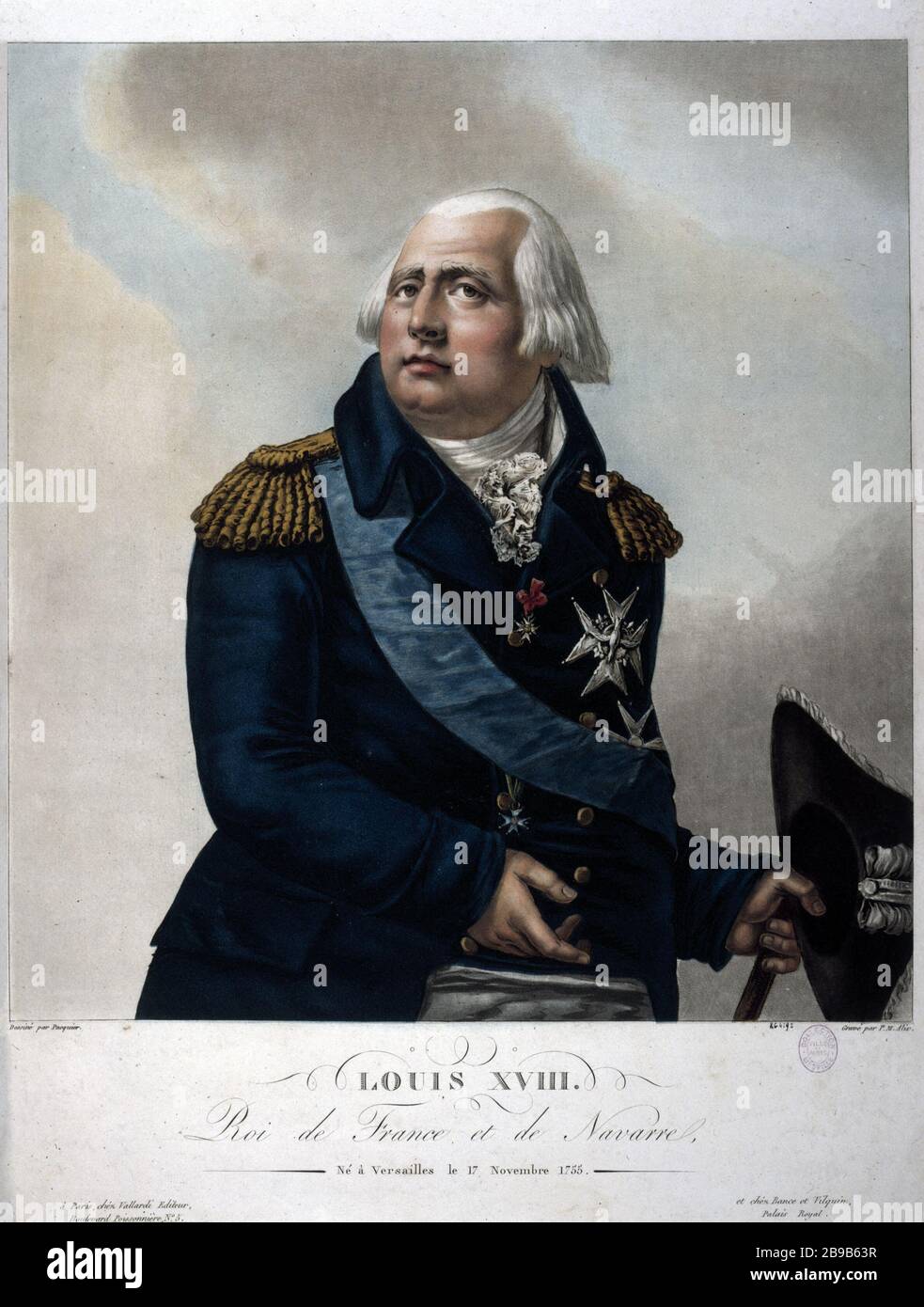 Ludwig XVIII., KÖNIG VON FRANKREICH UND NAVARRA Pierre-Michel Alix (1762-1817). "Louis XVIII, roi de France et de Navarra". Tiefdruck. Paris, musée Carnavalet. Stockfoto