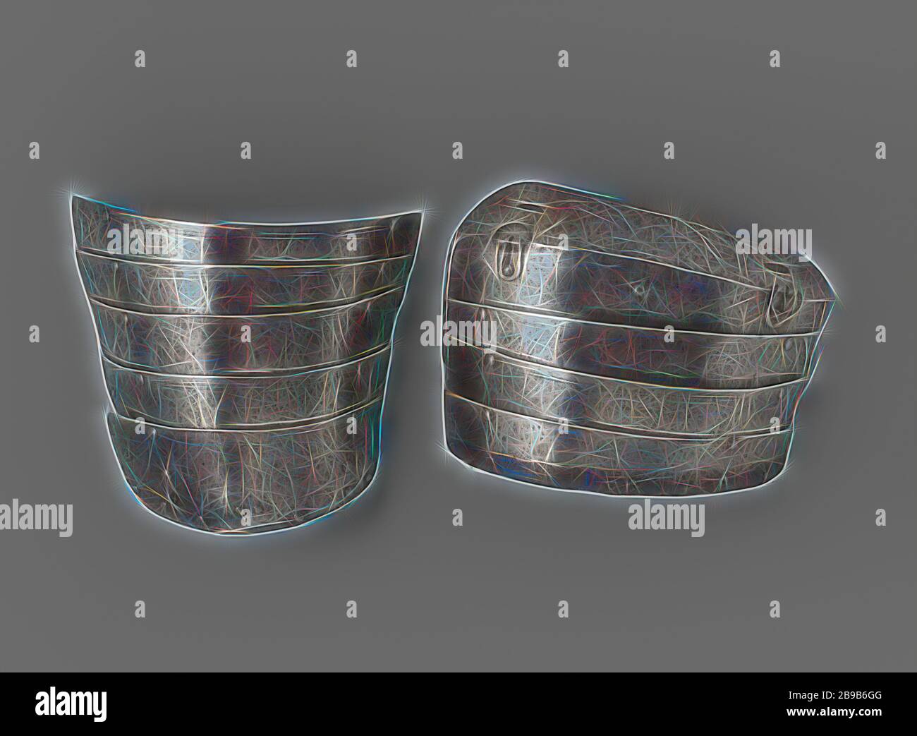 Beinplattenpaar der Rüstung, vermutlich getragen vom Ritter Pankraz von Freyberg, Burg Hohenaschau, Pankraz von Freyberg, anonym, c 1500 - c 1550, Eisen (Metall), markant (Metallverarbeitung), h 49 cm × w 20 cm × d 14 cm h 46 cm × w 31,5 cm × d 12 cm, von Gibon neu vorgestellt, Design von warmfröhlichem Leuchten von Helligkeit und Lichtstrahlen. Klassische Kunst mit moderner Note neu erfunden. Fotografie, inspiriert vom Futurismus, die dynamische Energie moderner Technologie, Bewegung, Geschwindigkeit und Kultur revolutionieren. Stockfoto