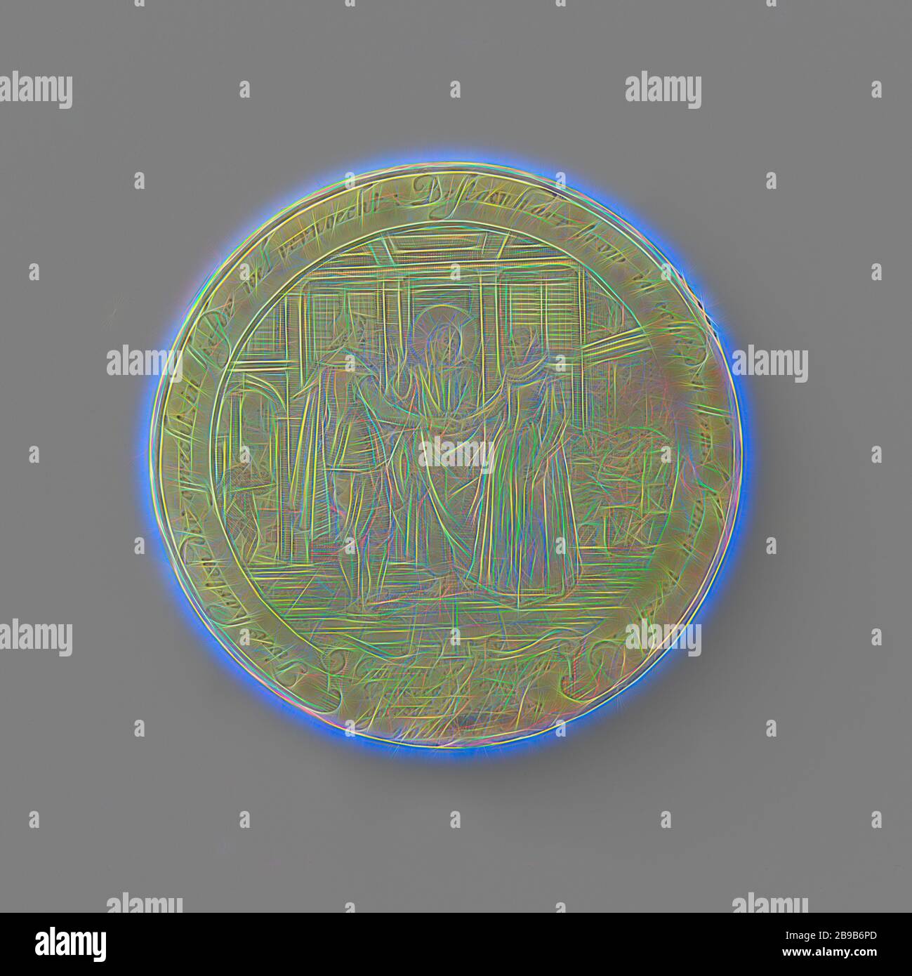 Hochzeit von Gilbert de Flines und Rebecca De Wolff, Goldmedaille anlässlich der Hochzeit von Gilbert de Flines und Rebecca De Wolff am 20. April 1636: Vorderseite: Mann und Frau Hände schütteln, zwischen Christus ist mit einem Heiligenschein, der seine linke Hand auf die Vereinigten Hände der Ehemänner und setzt seine rechte Hand mit einem Zauber, Partygänger Essen in den Hintergrund und die Sekretärin eine Schüssel in einer Inschrift, die über eine Kartusche mit Inschrift. Rückwärtsgang: Mann mit Turban, Darstellung von Abrahams Knecht und Frau mit Wasserkrug, Rebecca, stehend durch ein Gut unter einem Baum, im Hintergrund Mann und Abakus Stockfoto