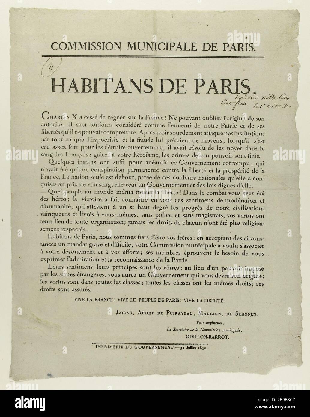 Die Stadtkommission der Pariser Einwohner, Charles X, hat die Herrschaft über Frankreich eingestellt! Anonyme. "Kommission munso de Paris, Habitans de Paris, Charles X a cessé de Régner sur la France!". Typographie. 1830. Paris, musée Carnavalet. Stockfoto