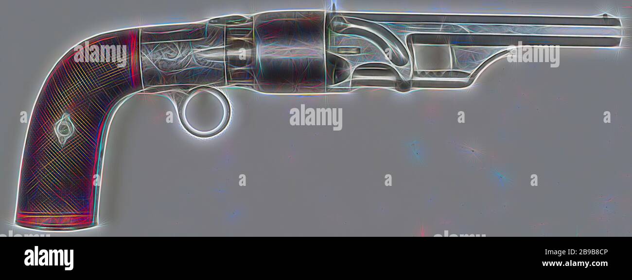 Revolver mit Schlagschloss, Revolver mit Zylinder für sechs Aufnahmen. Achteckig gezogene Schleife. Bewegliche Visierkörnung und halten. Auf dem Zylinder sind Figuren eingeätzt (Reiter und Rehe). Separate Entladeeinrichtung. Rundes geätztes Sicherungsgehäuse, ringförmiger Abzug, keine Halterung. Erstes Schlagsystem, Niederlande, J.J. Hermann, Cheratte, c 1858 - ca. 1860, Solf, Cilinder, Schlaufe, Radierung, l 28 cm l 13,2 cm c 8,6 mm, von Gibon neu vorgestellt, Design von warmem, fröhlichem Leuchten von Helligkeit und Lichtstrahlen. Klassische Kunst mit moderner Note neu erfunden. Fotografie, inspiriert von Futurismus, mit dynamischer Energie von m Stockfoto