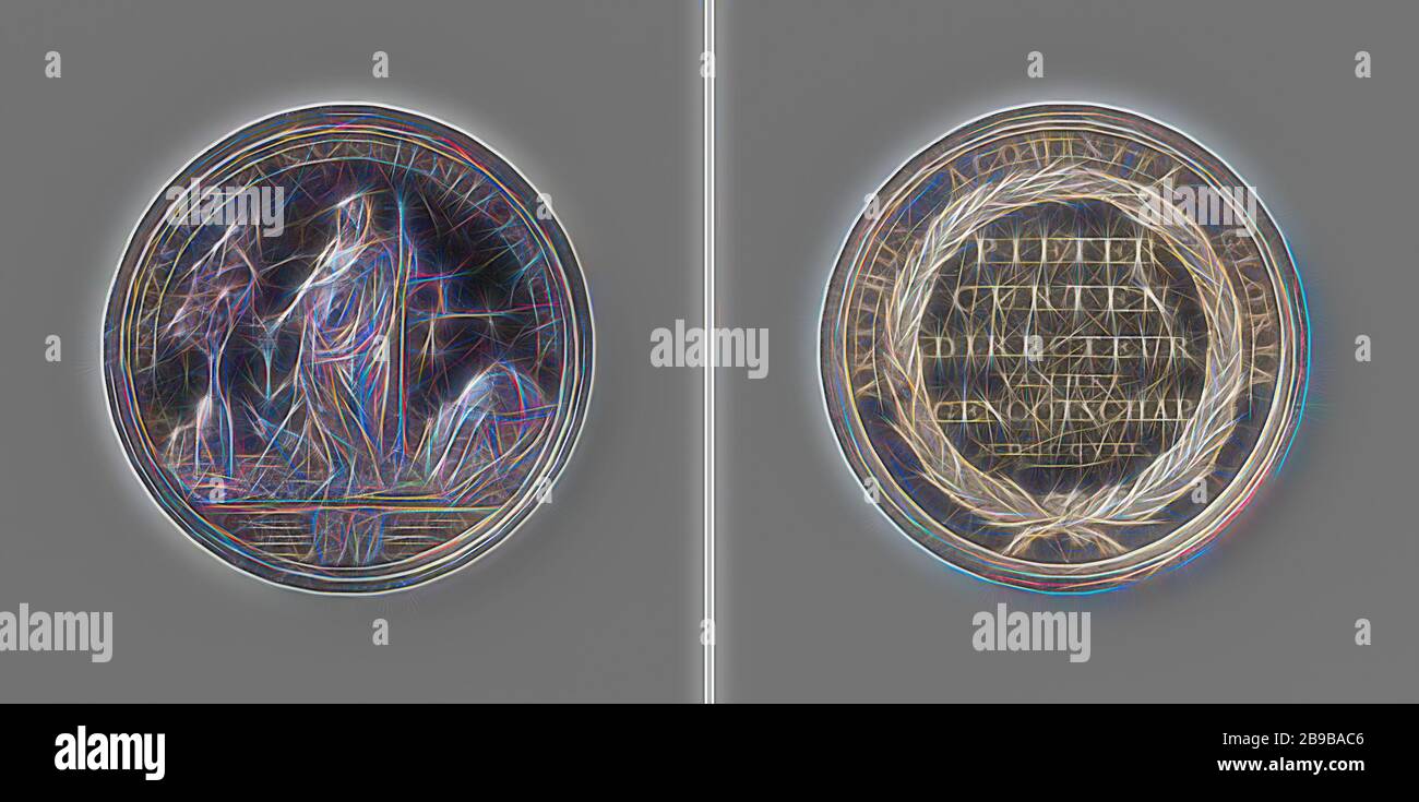 Bataafsch Gesellschaft für experimentelle Philosophie, Medaille ausgezeichnet von Pieter Curten, Direktor der Gesellschaft, der Silbermedaille. Vorderseite: verschleierte Frau, die die Erfahrung, hält einen Magneten in ihrer rechten Hand, mit einem Anker auf, und eine Wiegeeinrichtung in ihrer Linken, es gibt einen Pointer, ein Senkblei, einer Ankerwinsch mit einer Winde, ein Globus, ein Kompass und ein Buch um sie herum gewickelt, abgeschnitten: Beschriftung mit zwei Wappen unterbrochen. Rückwärtsgang: Inschrift im Lorbeerkranz und Inschrift, Rotterdam, Pieter Curten, Bataafsch Gesellschaft für experimentelle Philosophie, Johan George Holtzhey, Amsterdam, 1769-18. Stockfoto