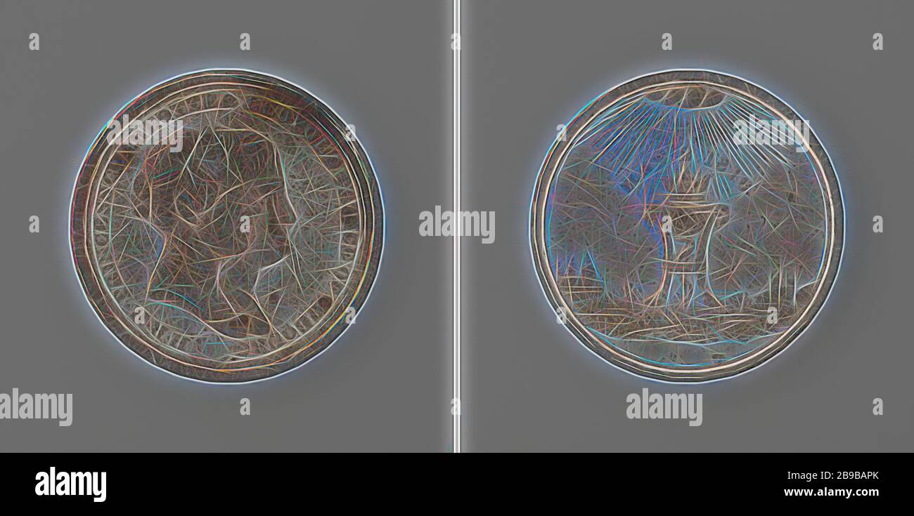 Heirat von Leopolds, Prinz von Sachsen-Coburg-Gotha und Charlotte Augusta, Prinzessin von England, Penning. Obvers: Büste einer Frau mit einem diadem und einer Beschreibung im Inneren eines Mannes. Rückseite: Brennender Feuertopf auf zwei Beinen, über von Himmellicht beleuchteter Aufschrift, in Hintergrundansicht der Stadt, Leopolds I. (König der Belgier), Charlotte Augusta (Prinzessin von England), Peter Kempson, Birmingham, 1816, legiert, markant (Metallbearbeitung), d 3,9 cm × w 21,40 gr, von Gibon neu vorgestellt, Design mit warmem, fröhlichem Glanz von Helligkeit und Lichtstrahlen. Klassische Kunst mit moderner Note neu erfunden. Fotografie Stockfoto