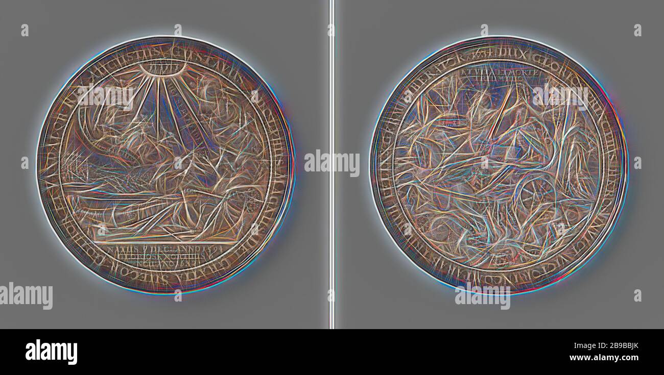 Tod von Gustaaf Adolf, Silberne Medaille. Vorderseite: Darstellung des verstorbenen Frosts, darüber eine große Anzahl von Engeln, die von himmlischem Licht angezündet wurden und den Namen des Herrn auf Hebräisch enthalten, im Hintergrund kämpfende Truppen über der Aufschrift. Reverse: Frost reitet im Triumphwagen, Monster zerquetschen im Rahmen., Sebastian Dadler, Dresden, 1634, Silber (Metall), markant (Metallbearbeitung), d 7,9 cm × w 149,52 gr, von Gibon neu vorgestellt, Design von warmem fröhlichem Leuchten von Helligkeit und Lichtstrahlen. Klassische Kunst mit moderner Note neu erfunden. Fotografie, inspiriert vom Futurismus, mit Dyn Stockfoto