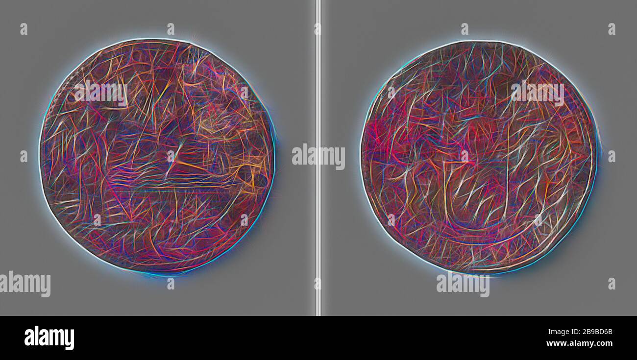 Frederik de Marselaer, achtunddreißig Intendanten des Kanals von Brüssel, Kupfer-Medaille. Vorderseite: Schiff auf hoher See, rechts davon: Quecksilber, im Vordergrund: Geflügelte Figur, die den heiligen Michael mit Kreuz und Stab darstellt, zu seinen Füßen: Voller Horn von viel im Rahmen. Umgekehrt: Gehelltes Wappen, flankiert von zwei Hunden über Pfennigen mit Aufschrift im Innern, Vaart van Brussel, anonym, Belgien, 1654 - 4-Jul-1654, Kupfer (Metall), auffallend (Metallbearbeitung), d 2,9 cm × w 6,12 gr, von Gibon neu erdacht, Entwurf von warmem fröhlichem Leuchten von Helligkeit und Lichtstrahlen. Die klassische Kunst wird wieder aufgenommen Stockfoto