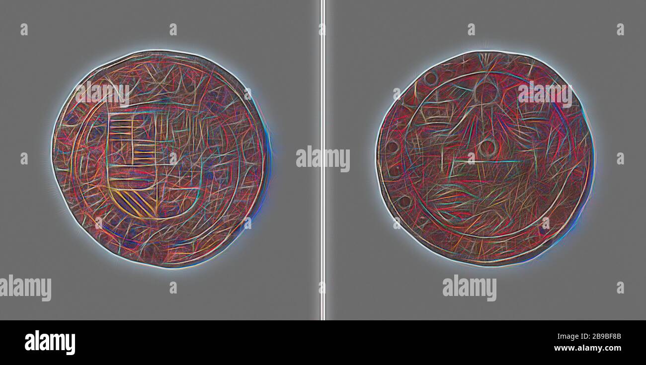Fortsetzung der Belagerung von Ostende, Kalkulationstoken zu Ehren von Albrecht und Isella von Österreich, Kupfermedaille. Obvers: Bekröntes Wappen, das mit dem Orden vom goldenen Vlies innerhalb des Gürtels hängt. Umgekehrt: Zwei Hände, jede unter der Krone, die versucht, Hummer mit einem Hammer zu zermürben, in Ostende, Albrecht Erzherzöge von Österreich, infante von Spanien, Isella Clara Eugenia, anonym, Antwerpen, 1603, Kupfer (Metall), auffällig (Metallverarbeitung), d 2,7 cm × w 4,35 gr, von Gibon neu vorgestellt, Design mit warmem, fröhlichem Glanz von Helligkeit und Lichtstrahlen. Klassische Kunst mit moderner Note neu erfunden. Foto Stockfoto