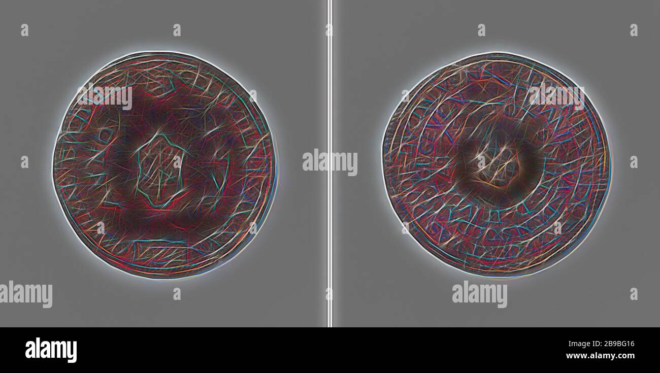 Belagerung und Plünderung Haarlems durch Alva, Copper Medal. Vorderseite: Wappen in Kartusche, umgedrehtes Schwert mit zwei Sternen auf beiden Seiten, Kreuz in Kartusche auf Punkt des Schwerts und Jahr im Fach innerhalb einer zweizeiligen Aufschrift. Umgekehrt: Blume in einem dreizeiligen Design, Haarlem, Fernando Álvarez de Toledo (3. Herzog von Alva), anonym, 14-Jun-1573, Kupfer (Metall), Gründung, d 3,2 cm × w 5,85 gr, von Gibon neu vorgestellt, Design von warmem, fröhlichem Leuchten von Helligkeit und Lichtstrahlen. Klassische Kunst mit moderner Note neu erfunden. Fotografie, inspiriert vom Futurismus, mit dynamischer Energie der Moderne Stockfoto