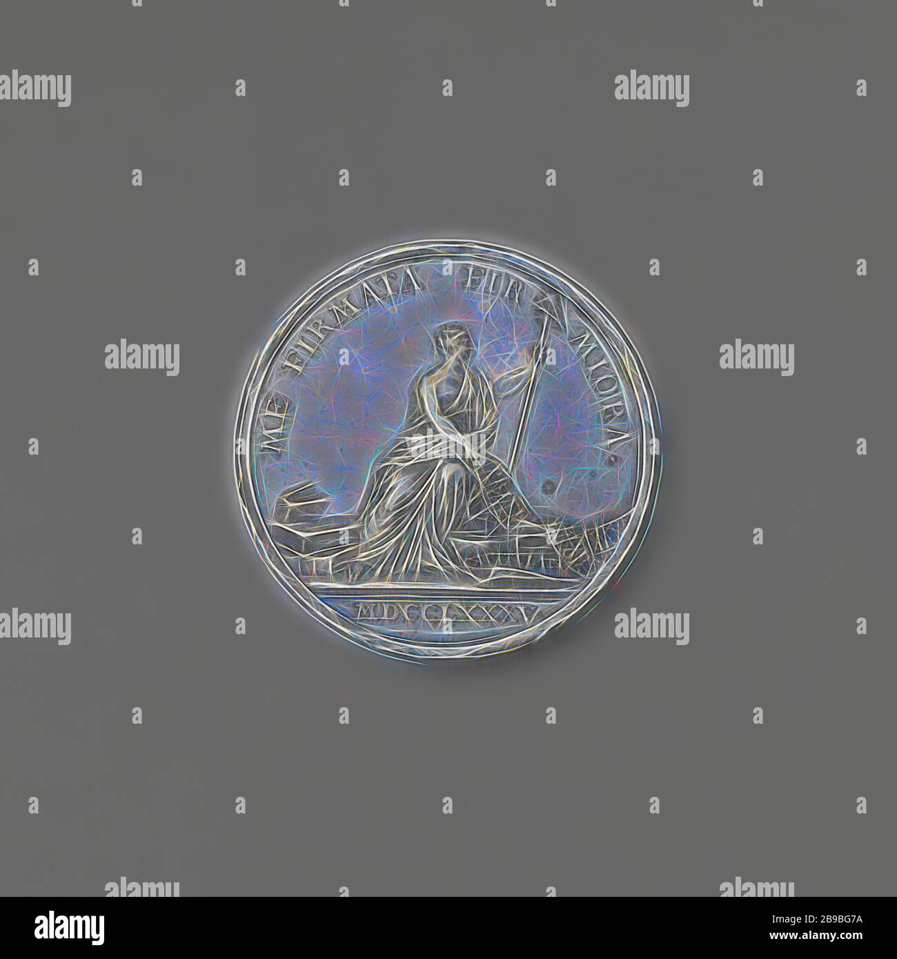 Werkzeug-Token aus der Stadt 's-Hertogenbosch, Silber-Medaille. Vorderseite: Blick auf die Stadt von der Südseite unter Wolken, auf der ein Wappen innerhalb eines Bandschriftzugs ruht. Umgekehrt: Sitzende, rechtsgeflügelte Frau mit Freiheitshut auf dem Speer, die die Stadt 's-Hertogenbosch repräsentiert, zeigt mit der rechten Hand auf einen Stapel von Büchern und Papieren zu ihren Füßen innerhalb eines Kreises, abgeschnitten: Jahr, 's-Hertogenbosch, Theodorus Victor van Berckel, s Hertogenbosch, 810, Silber (Metall), markant (Metallverarbeitung), d 2,8 cm × w 6,89 gr, von Gibon neu vorgestellt, Design von warmfröhlichem Leuchten von Helligkeit und Lichtstrahlen ra Stockfoto