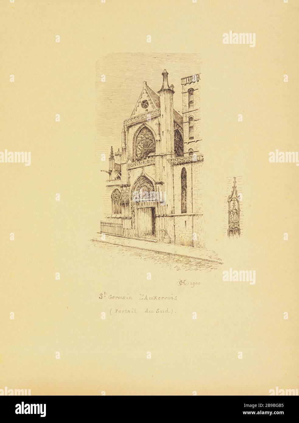 [Altes Paris] Südtor des Saint Germain LAUXERROIS 1900 Henri Chapelle (1850-1925), dessinateur français. Le Vieux Paris. Portail du Sud de l'église Saint Germain l'Auxerrois. Pflaume, Encre de Chine. Paris (Ier arr.), 1900. Paris, musée Carnavalet. Stockfoto