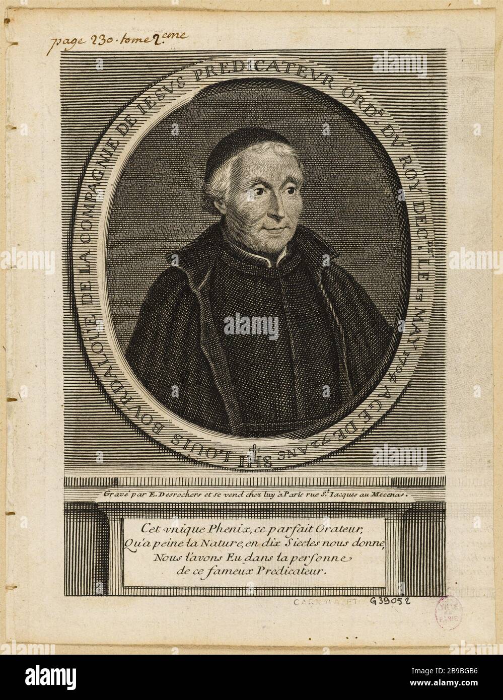 Louis Bourdaloue von dem gewöhnlichen Prediger der Gesellschaft Jesu von König Etienne Jehandier Desrochres (1668-1741). Louis Bourdaloue de la Compagnie de Jésus, prédicateur ordinaire du roi. Eau-forte. 1705. Paris, musée Carnavalet. Stockfoto