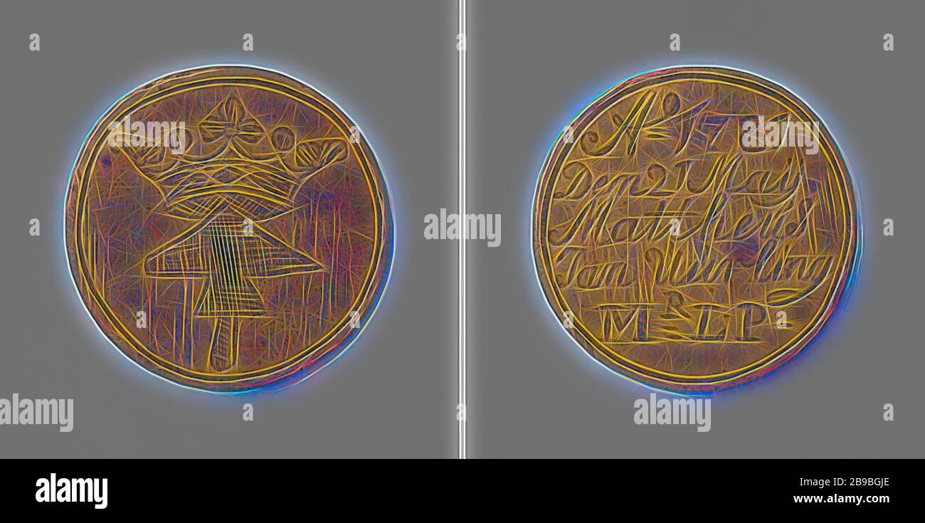 Maurer, Steinmetzarbeiten, Sanitäranlagen, Sanitäranlagen und Pumpmacherzunft von Amsterdam, Zunftmarke von Mattheus Jan Uurling, Klempner und Pumpenbauer, Medaille aus Messing. Vorderseite: Krönender Hammer des Klempners. Reverse: Aufschrift, Amsterdam, Mattheus Jan Uurling, anonym, 1781, Messing (Legierung), Gravur, d 3,6 cm × w 9,96 gr, von Gibon neu vorstellbar, Design von warmfröhlichem Leuchten von Helligkeit und Lichtstrahlen. Klassische Kunst mit moderner Note neu erfunden. Fotografie, inspiriert vom Futurismus, die dynamische Energie moderner Technologie, Bewegung, Geschwindigkeit und Kultur revolutionieren. Stockfoto