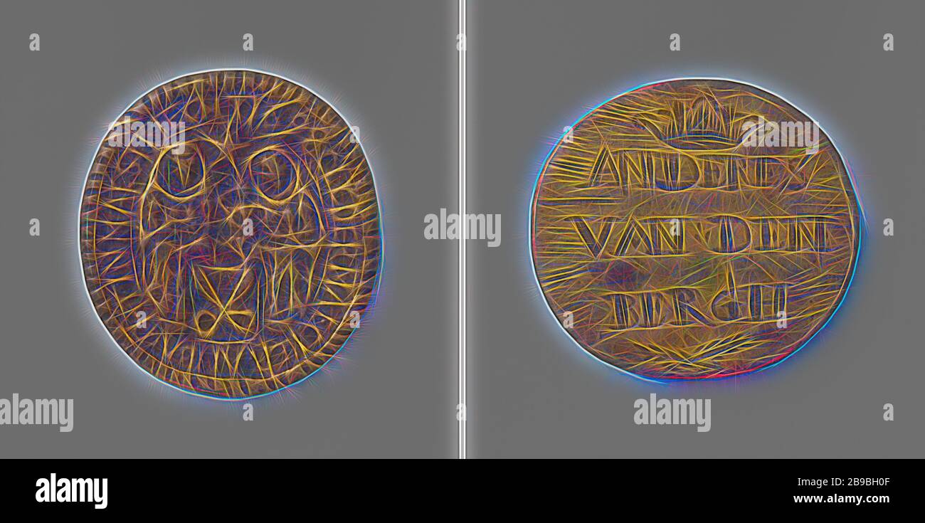 Fräser oder Schneiderzunft aus Maastricht, Zunfttoken aus Andes van den Bergh, Messing Oval Token. Vorderseite: St. Anna, Maria und Jesus, zwischen ihnen in einem fünfzackigen Stern, Schild zu ihren Füßen mit aufgerisser Schere innerhalb der Aufschrift. Umgekehrt: Aufschrift unter der Krone über zwei gekreuzten Ästen, Maastricht, Andes van den Bergh, anonym, 1698, Messing (Legierung), Gravur, h 3,9 cm × w 3,6 cm × w 11,48 gr, von Gibon neu erdacht, Design von warmem fröhlichem Leuchten von Helligkeit und Lichtstrahlen. Klassische Kunst mit moderner Note neu erfunden. Fotografie, inspiriert von Futurismus, mit dynamischer E Stockfoto