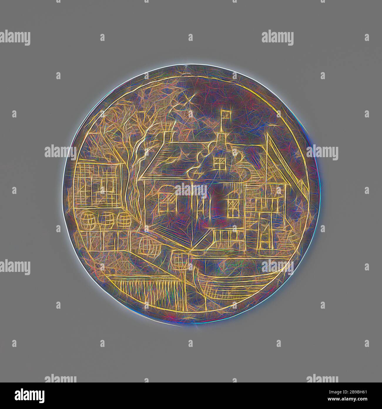 Pieter Douwes, Brauer in Stavoren, Brass Medal. Front: Zwei Häuser auf dem Wasser, in denen das Boot festgemacht ist, für linkes Haus: Sieben Fässer. Umgekehrt: Aufschrift unter Krone im Blumenkranz und Aufschrift, ein Teil des Namens enthaltenden Textes wurde durchgestrichen, Stavoren, anonym, 1648, Messing (Legierung), Gravur, d 5,4 cm × w 25,30 gr, von Gibon neu vorgestellt, Gestaltung von warmem fröhlichem Leuchten von Helligkeit und Lichtstrahlen. Klassische Kunst mit moderner Note neu erfunden. Fotografie inspiriert von Futurismus, die dynamische Energie moderner Technologie, Bewegung, Geschwindigkeit und Revolution von cu umfasst Stockfoto