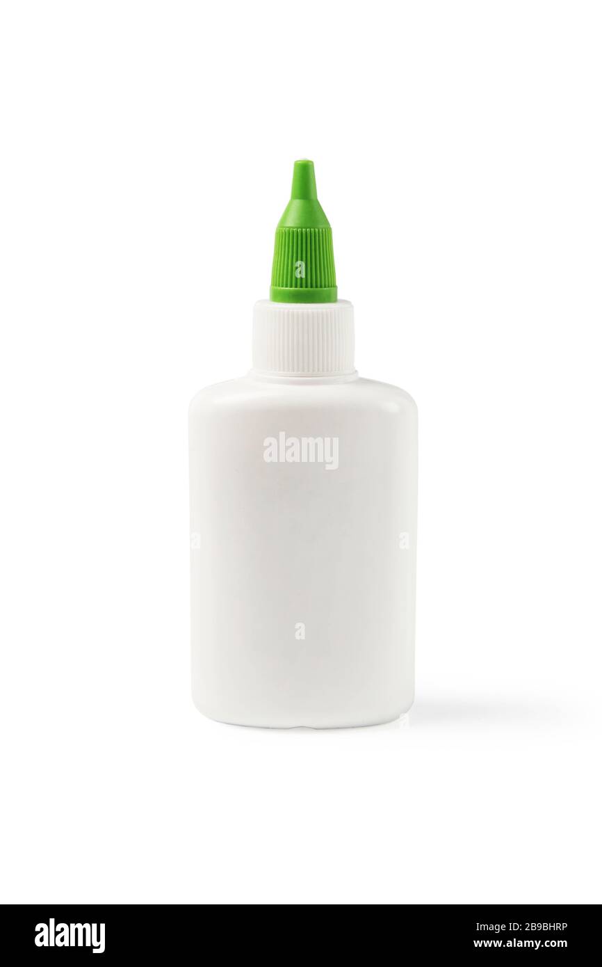 Weiße Kunststoffflasche mit Klebstoff mit grüner Kappe Stockfoto