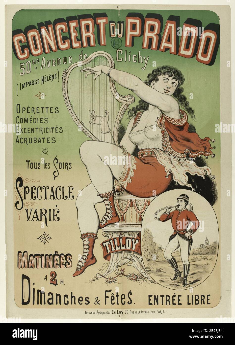 Konzert Prado, 50 bis Avenue de Clichy (Impasse Hélène), Show variated, Tilloy Charles Lévy. "Concert du Prado, 50 bis Avenue de Clichy (Impasse Hélène), Spektakel varié, Tilloy". Lithographie, 1880-1900. Paris, musée Carnavalet. Stockfoto