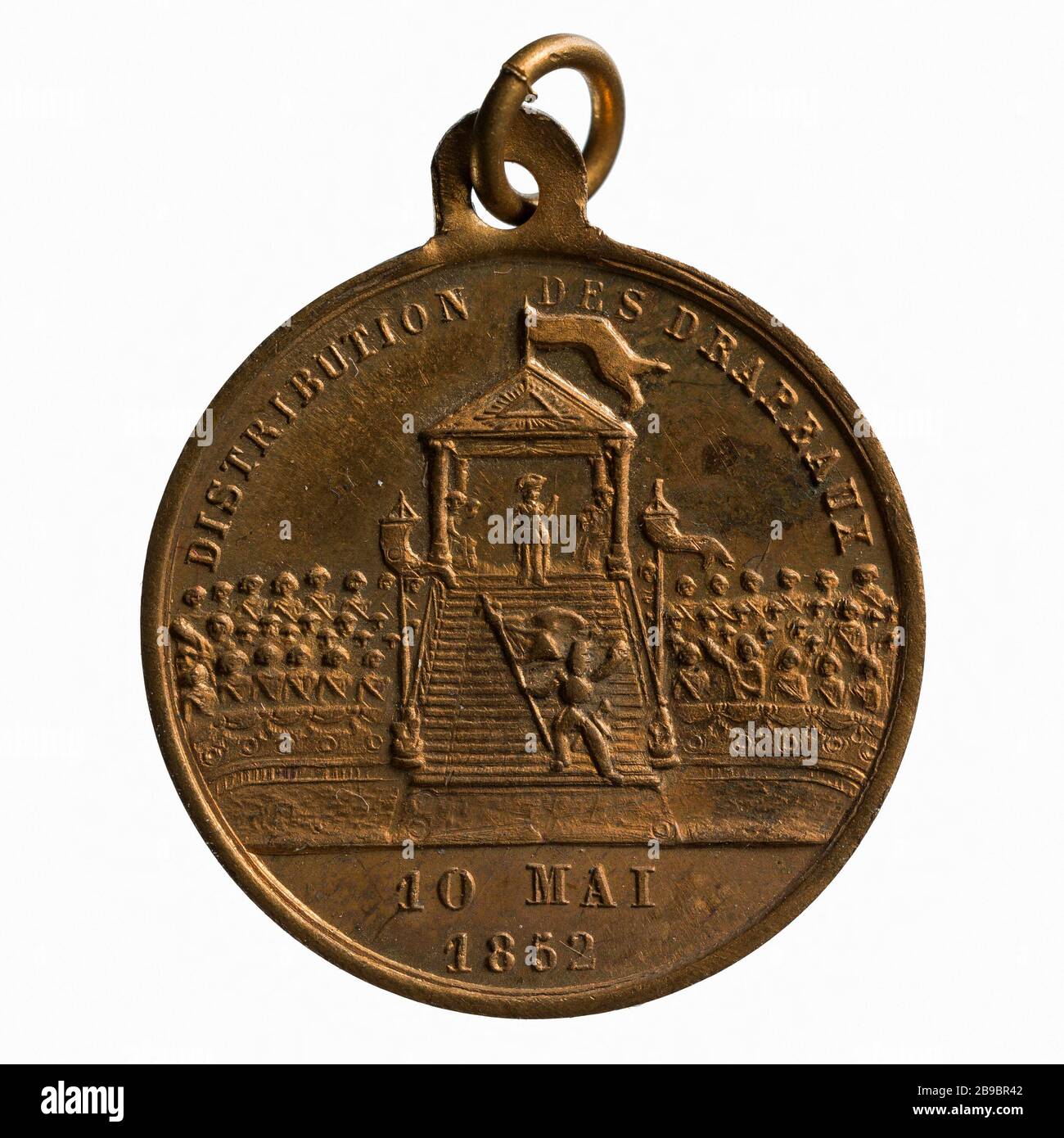 Präsentation der Farben für die Armee auf dem Champ de Mars durch Präsident Louis Napoleon Bonaparte (1808-1873) am fest vom 10. Mai (Dummy-Titel) Anonyme. Remise des drapeaux à l'armée sur le Champ-de-Mars par le Président Louis-Napoléon Bonaparte (1808-1873) lors de la fête du 10 Mai 1852. Paris, musée Carnavalet. Stockfoto