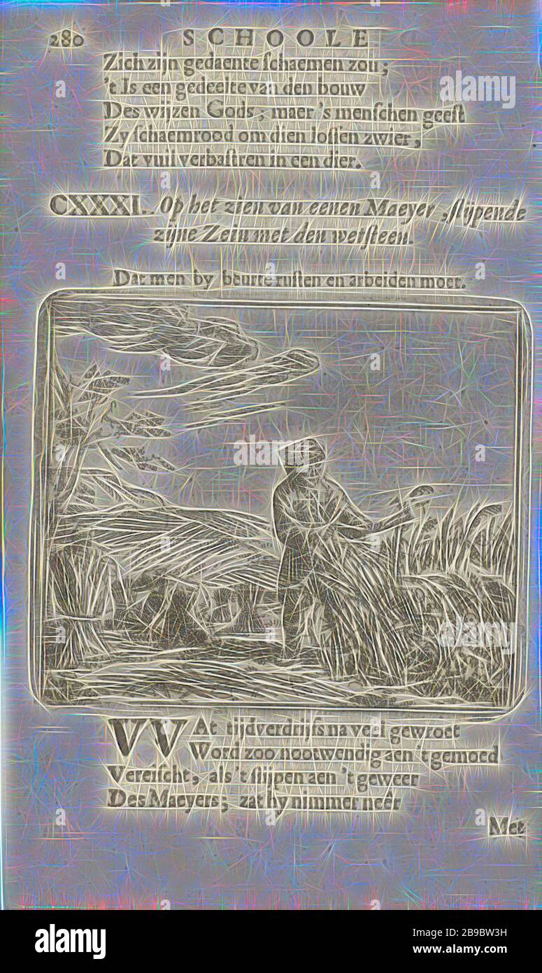 Bauern auf einem Feld mit Maiskörben CXXXI. Nachdem er einen Maeyer gesehen und seine Zein mit dem Schlagstein (Titel auf Objekt) schärft, schärft EIN Bauer seine Mähwerkzeuge. Auf der linken Seite im Hintergrund bindet eine zweite Figur eine Körnerhabe. Pent aus einem Buch, in dem 36 Sätze gedruckt werden. Ausdruck verwendet in: F. van Hoogstraten, die Schule der Welt, 1682, Binden (oder Pflanzen), Rutschen, Pfropfen, Schneiden von Pflanzen, Kultivierung, Landwirtschaft, Arnold Houbraken, Nordholländer, Papier, Briefpressdruck, h 72 mm × w 84 mm h 157 mm × w 95 mm, von Gibon neu erdacht, Design von warmem, fröhlichem Leuchten von bri Stockfoto