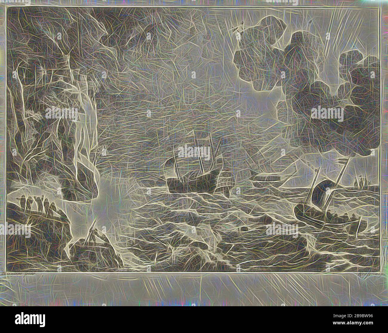 Schiffbruch, vier Schiffe segeln in einem heftigen Sturm vor einer felsigen Küste, wo gerade ein Schiff zerschlagen wurde. Einige Ertrinkende sind bereits an Land, aber eine der Besatzung befindet sich noch im Meer. Auf den Klippen liegt ein Schloss, Schiffswrack, Schloss, Jan Lauwryn Krafft (I) (auf Objekt erwähnt), Südholländer, 1704 - 1704 - 1705, Papier, Radierung, h 316 mm × w 401 mm, von Gibon neu erdacht, Design von warmem, fröhlichem Leuchten von Helligkeit und Lichtstrahlen. Klassische Kunst mit moderner Note neu erfunden. Fotografie, inspiriert von Futurismus, die dynamische Energie moderner Technologie, Bewegung, Geschwindigkeit und Revolutionierung umfasst Stockfoto