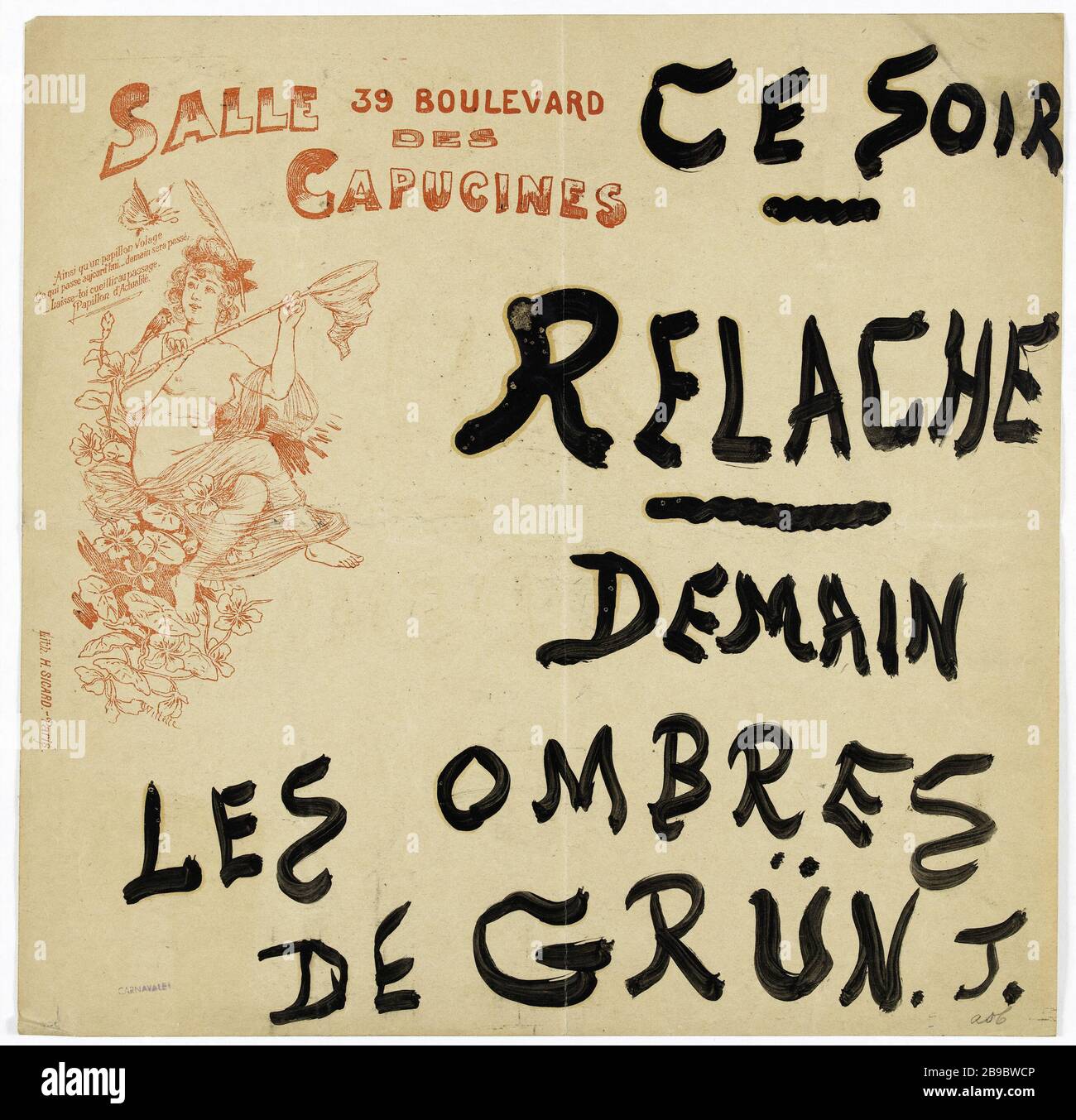 RAUM 39 BOULEVARD CAPUCINES, HEUTE ABEND, GAB MORGEN DIE SCHATTEN VON ROT FREI. J. Adolphe Léon Willette (1857-1926) . Programm de la salle des Capucines affichant son prochain Spektakel "Les ombres de Gron". Lithographie couleur et gouache, 1880-1900. Paris, musée Carnavalet. Stockfoto