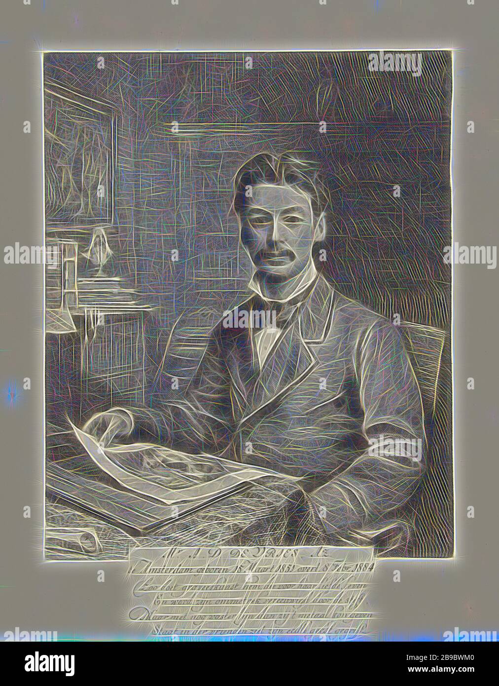 Porträt von Adrianus Daniel de Vries Abzn., Adrianus Daniel de Vries Abzn. An einem Tisch sitzend. De Vries war stellvertretender Direktor des Rijksprentenkabinetts und hielt in der Hand einen Druck mit einem Porträt des Dichters Vondel. Unter dem Porträt der Name, sein Geburts- und Sterbedatum und ein vierzeilige Gedicht auf Niederländisch, Petrus Johannes Arendzen (auf Objekt erwähnt), Niederlande, 1879 - 1880er, Gravur, h 308 mm × w 250 mm, neu von Gibon vorgestellt, Design mit warmem, fröhlichem Glanz von Helligkeit und Lichtstrahlen. Klassische Kunst mit moderner Note neu erfunden. Fotografie inspiriert von Futurismus, die dyna umarmt Stockfoto