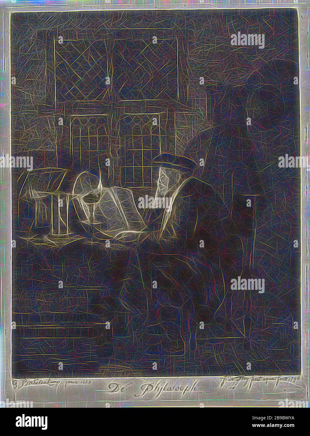 Philosoph in seiner Studie untersucht ein Mann in einem dunklen Raum am Licht einer Öllampe ein Buch auf dem Tisch vor ihm. Hinter dem Buch befindet sich eine Lupe und eine offene Schachtel mit Papier und einer Sanduhr auf dem Tisch, Gelehrter in seiner Studie, Lupe, Sanduhr, Johannes Pieter de Frey (auf Objekt erwähnt), 1796, Papier, Radierung, h 220 mm × w 167 mm, von Gibon neu vorgestellt, Design mit warmem, fröhlichem Glanz von Helligkeit und Lichtstrahlen. Klassische Kunst mit moderner Note neu erfunden. Fotografie inspiriert von Futurismus, die dynamische Energie moderner Technologie, movem, umfasst Stockfoto