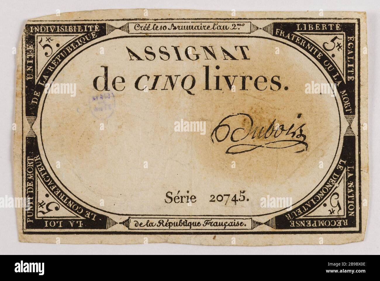 Assignat 10 Pfund, Serie 20745, 10 Brumaire Jahr 2. Gatteaux, Nicolas Marie GR 1751-32. Assignat de 10 livres, série 20745, 10 Brumaire an 2 (31 Oktobre von 1710). Typographie, encre. Paris, musée Carnavalet. Stockfoto