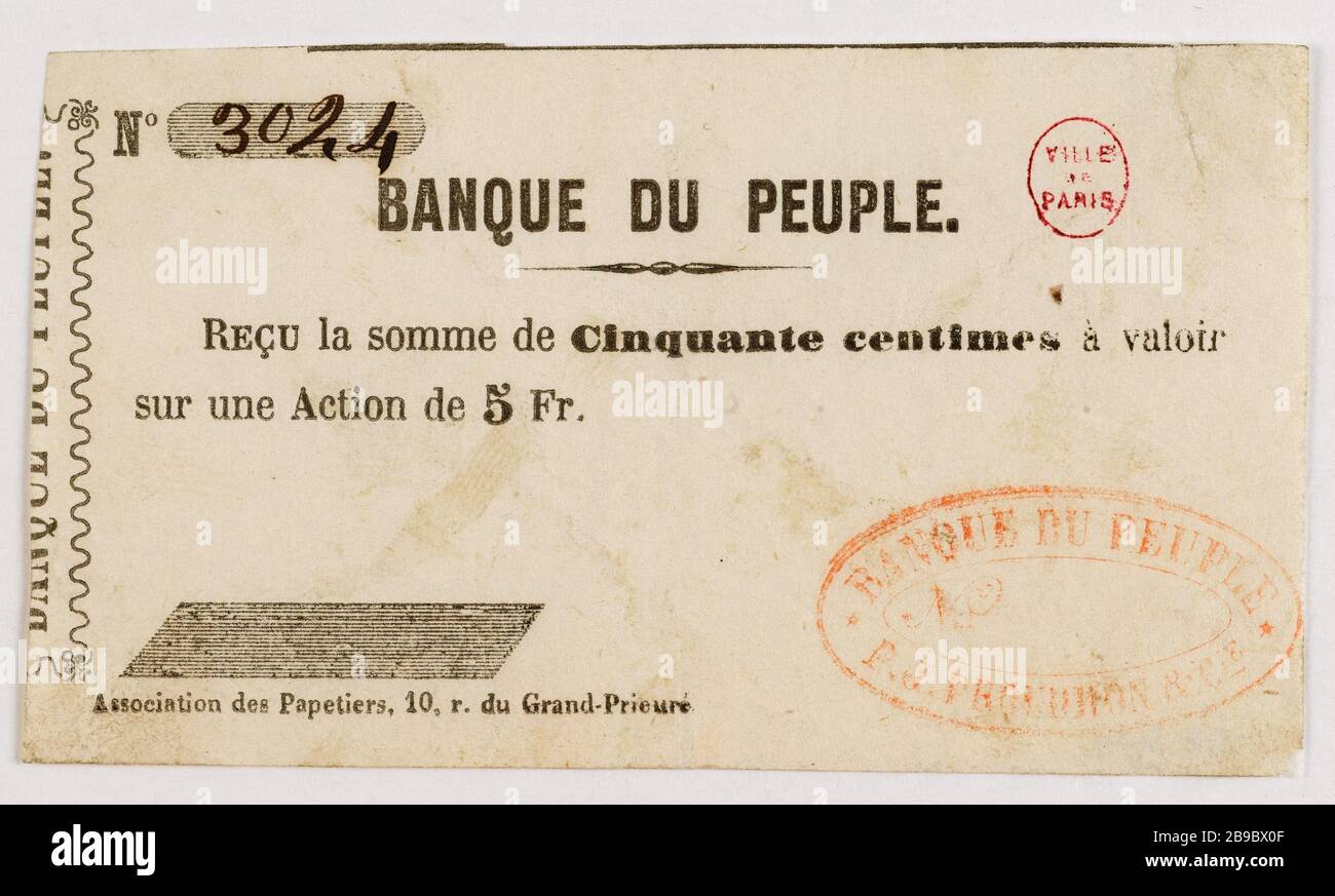 50 Cents erhalten wegen einer Aktion von 5 Francs, Volksbank, Nr. 3024. Anonyme. reçu de 50 centimes à valoir sur une action de 5 Francs, Banque du Peuple, Nr. 3024. Typographie, encre. Paris, musée Carnavalet. Stockfoto