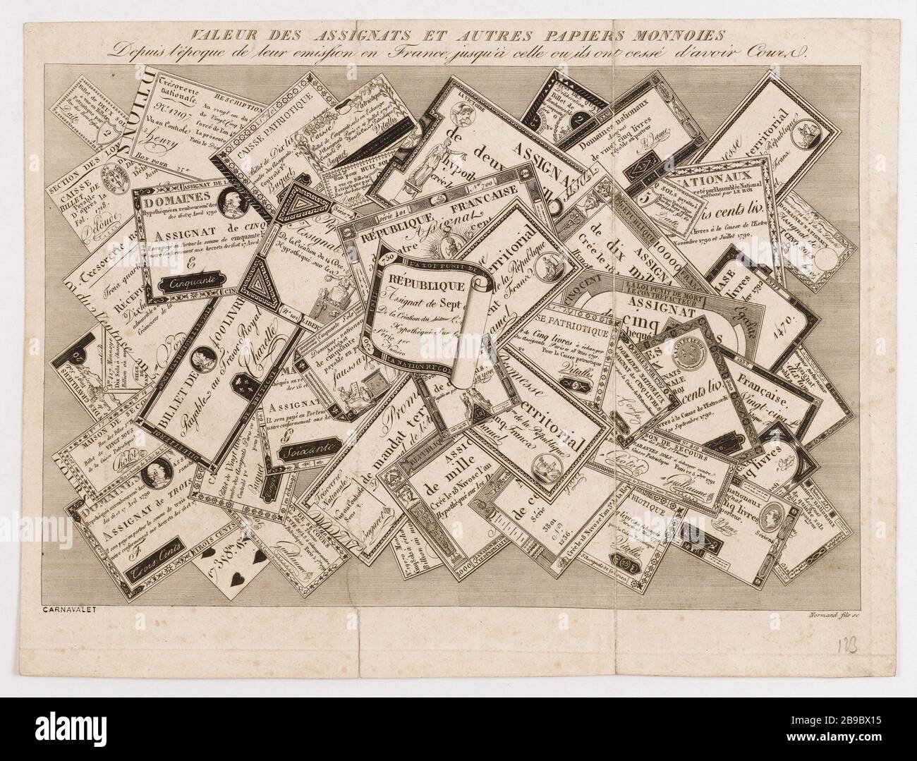 Preiswerte Assignats und anderes Papiergeld. Normand, Louis Marie (dit Normand Fils) Graveur 1789-74. Valeur des assignats et autres Papiers-monnaies. Eau-forte. Paris, musée Carnavalet. Stockfoto