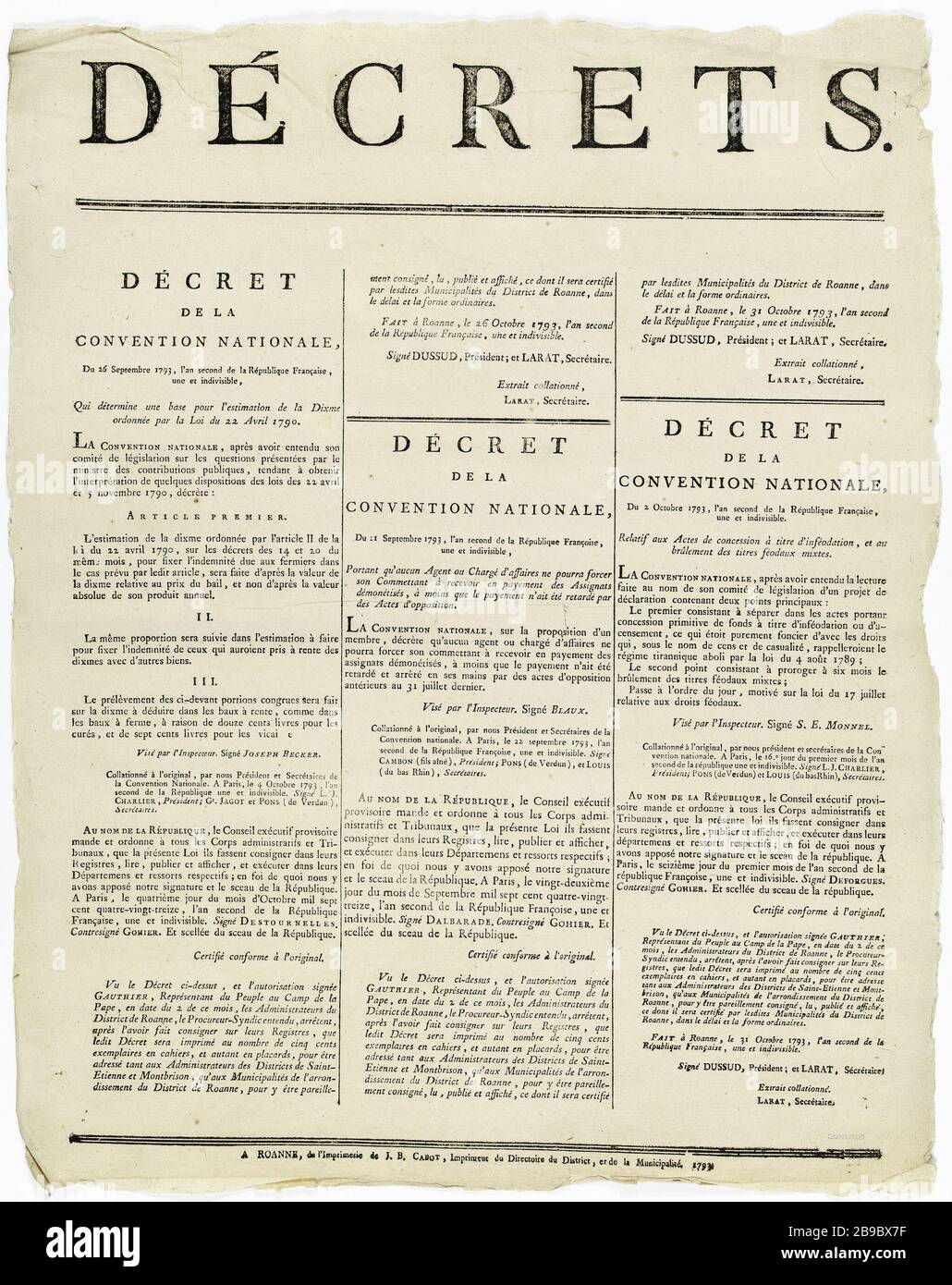 DEKRETE. VERORDNUNG DES NATIONALEN ÜBEREINKOMMENS vom 26. September, dem zweiten Jahr der französischen Republik, einer und unteilbar, der die Grundlage für die Schätzung des Zehnten [sic]/ bestimmt, der durch das Gesetz vom 22. April 1790 angeordnet wurde. Affiche sur le décret de la Convention nationale. Typographie, 171. Paris, musée Carnavalet. Stockfoto