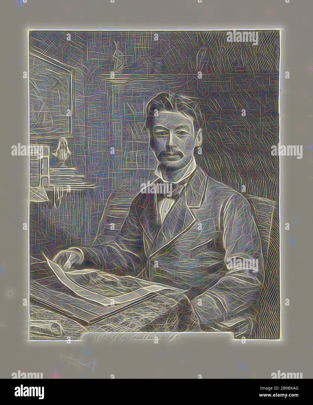 Porträt von Adrianus Daniel de Vries Abzn, Adrianus Daniel de Vries Abzn. An einem Tisch sitzend. De Vries war stellvertretender Direktor des Rijksprentenkabinetts und hielt einen Druck mit einem Porträt des Dichters Vondel, Adrianus Daniel de Vries AZN., Petrus Johannes Arendzen (auf Objekt erwähnt), Niederlande, 1879 - 1880er, Gravur, h 308 mm × w 250 mm, neu von Gibon vorgestellt, Design mit warmem, fröhlichem Glanz von Helligkeit und Lichtstrahlen. Klassische Kunst mit moderner Note neu erfunden. Fotografie, inspiriert vom Futurismus, die dynamische Energie moderner Technologie, Bewegung, Geschwindigkeit und Kultur revolutionieren. Stockfoto