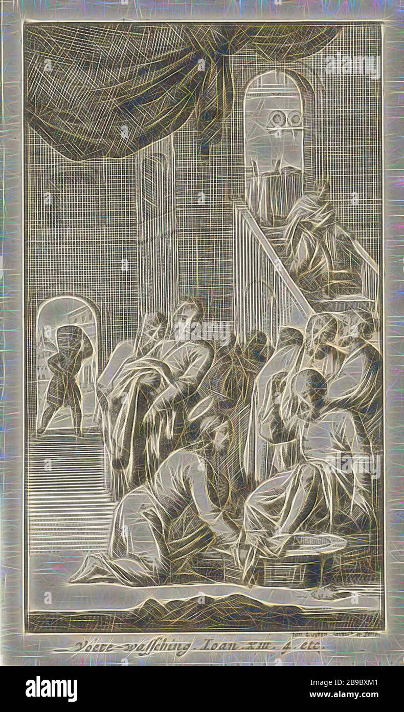 Waschen der Füße von Petrus Voete mit vierundzwanzig Szenen aus dem neuen Testamente (Serientitel) wäscht Christus die Füße des Petrus, Jan Luyken (auf Objekt erwähnt), Amsterdam, 1681, Papier, Radierung, h 125 mm × w 76 mm, von Gibon neu vorstellbar, Design von warmem, fröhlichem Leuchten von Helligkeit und Lichtstrahlen. Klassische Kunst mit moderner Note neu erfunden. Fotografie, inspiriert vom Futurismus, die dynamische Energie moderner Technologie, Bewegung, Geschwindigkeit und Kultur revolutionieren. Stockfoto