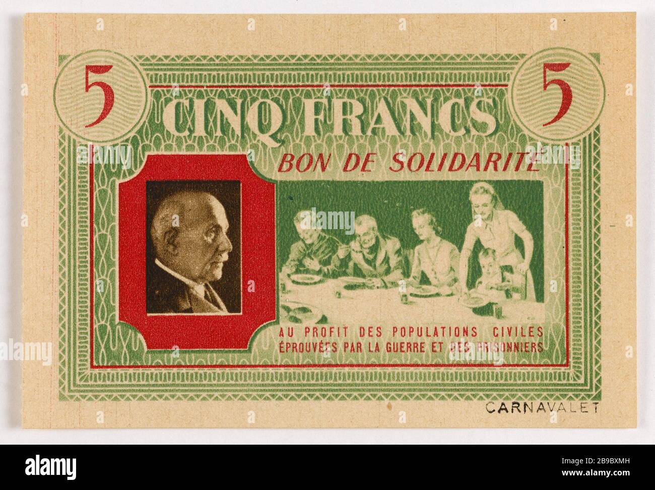 Gute Solidarität, 5 Francs, Abteilung seine 1940. Anonyme. Bon de solidarité de 5 Francs, Département de la seine, 1940. Typographie. Paris, musée Carnavalet. Stockfoto