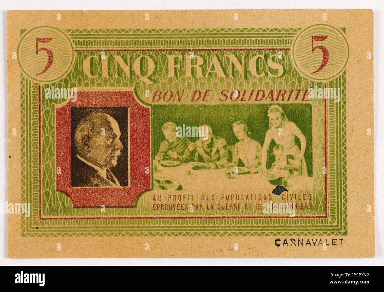 Gute Solidarität, 5 Francs, Abteilung seine 1940. Anonyme. Bon de solidarité de 5 Francs, Département de la seine, 1940. Typographie. Paris, musée Carnavalet. Stockfoto