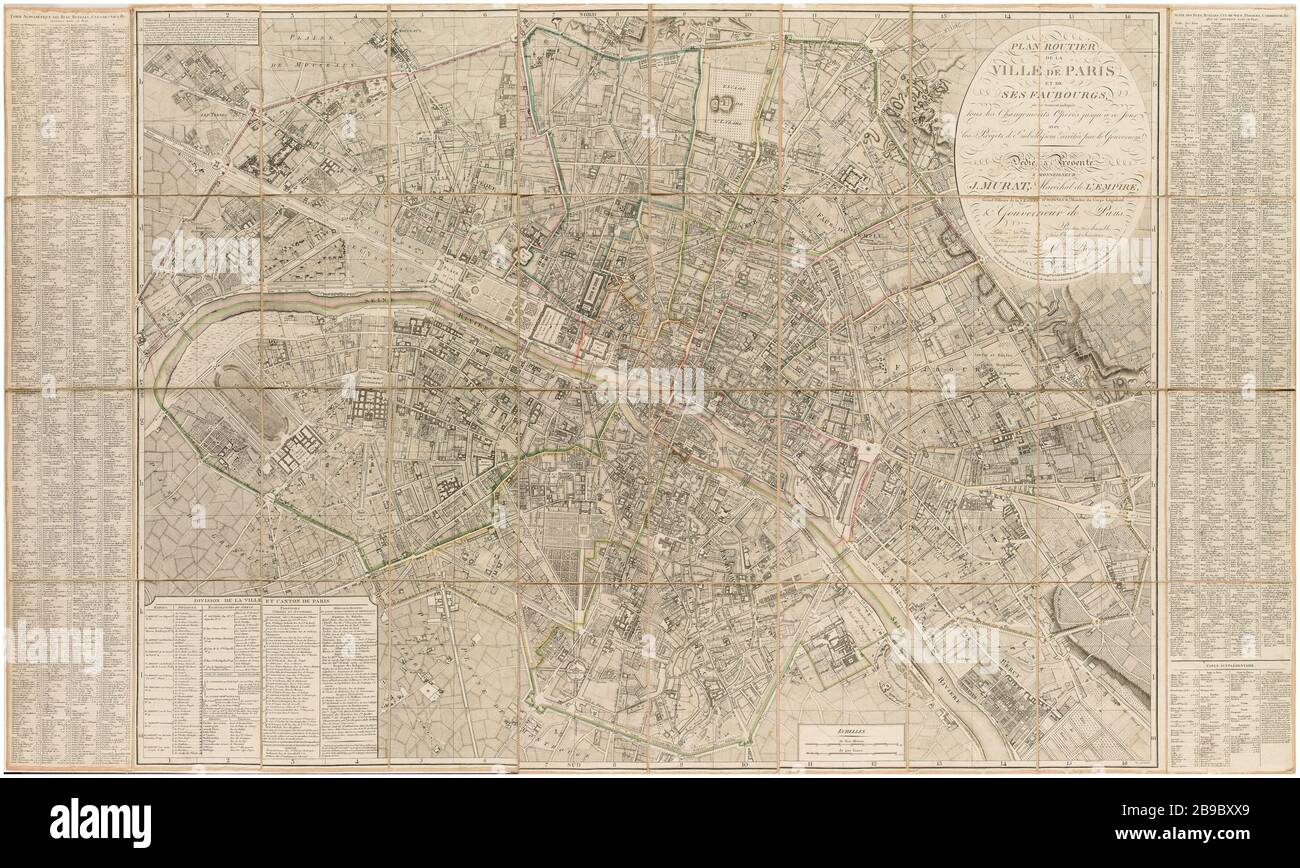 Straßenkarte der Stadt Paris und ihrer Vororte Plan routier de la ville de Paris et de ses faubourgs, 1809. Paris, musée Carnavalet. Stockfoto