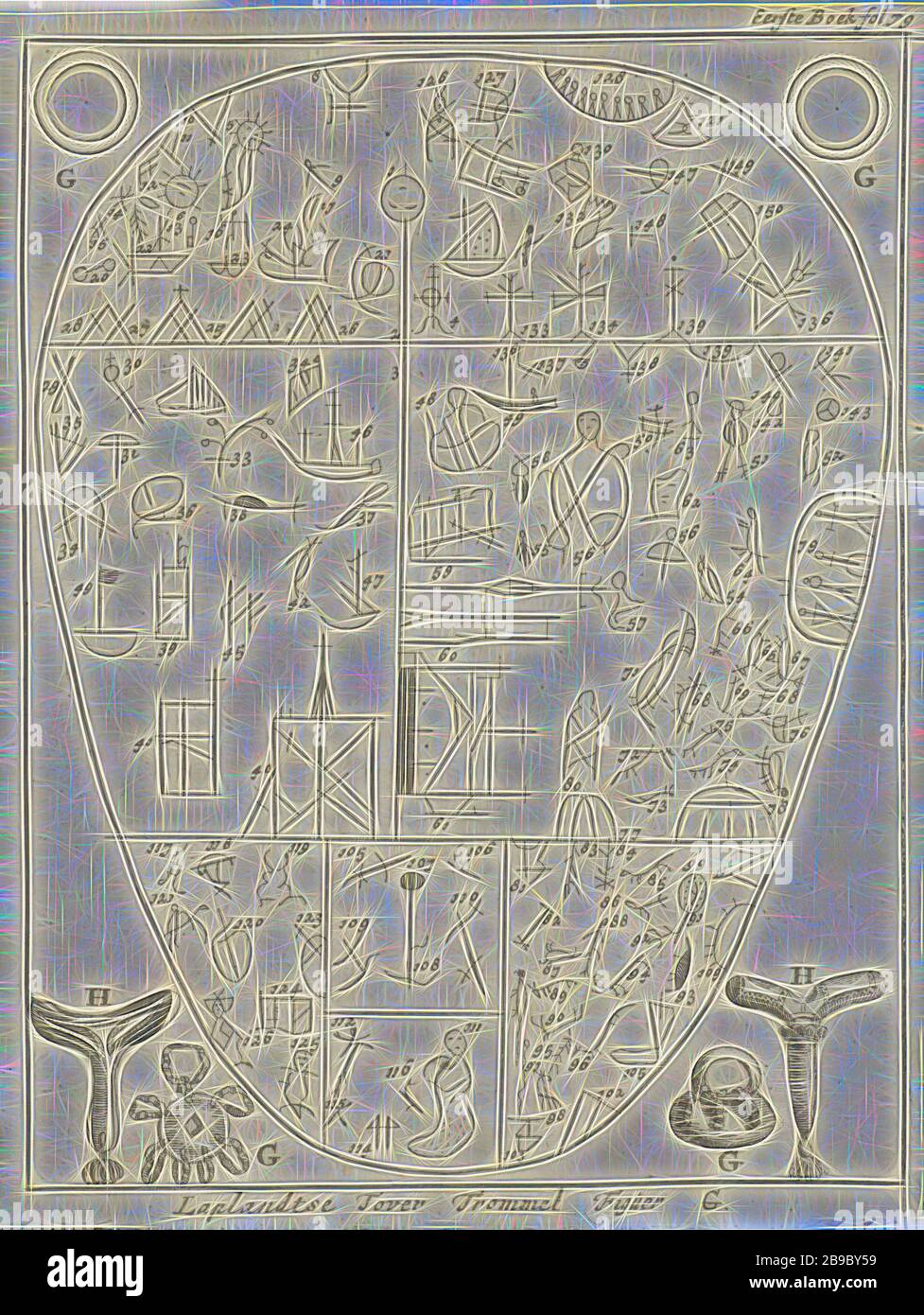 Laplandic Magic Drum Laplandtse Tover Drum Figuer G (Titel auf Objekt), Druck oben rechts: First Book Vol 79, Europeans (mit NAMEN), Drum (Musikinstrument), Lappland, Jan Luyken (auf Objekt erwähnt), Amsterdam, 1682, Paper, Radierung, h 174 mm × w 132 mm, von Gibon neu vorgestellt, Design von warmem, fröhlichem Leuchten von Helligkeit und Lichtstrahlen. Klassische Kunst mit moderner Note neu erfunden. Fotografie, inspiriert vom Futurismus, die dynamische Energie moderner Technologie, Bewegung, Geschwindigkeit und Kultur revolutionieren. Stockfoto