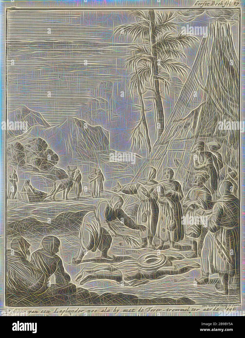 Lappland Zeremonie mit einer Magic Drum Haltung eines Laplanders, wie er es mit der Tover Trommel zu Boden legt (Titel auf Objekt), Druck oben rechts: First Book hol. 87, Europäer (mit NAMEN), magische Heilungen, Lappland, Jan Luyken (auf Objekt erwähnt), Amsterdam, 1682, Papier, Radierung, h 169 mm × w 131 mm, von Gibon neu vorgestellt, Design von warmfröhlichem Leuchten von Helligkeit und Lichtstrahlen. Klassische Kunst mit moderner Note neu erfunden. Fotografie, inspiriert vom Futurismus, die dynamische Energie moderner Technologie, Bewegung, Geschwindigkeit und Kultur revolutionieren. Stockfoto