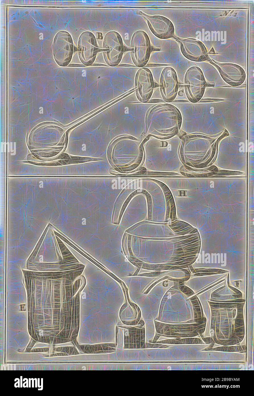 Verschiedene Bilder von Retorten und Brennern, A-D und E-H, Druck oben rechts markiert: Nr. 1, Labor (Werkzeuge, Instrumente, Laborgeräte, wissenschaftliche Forschung), Apotheke, Pharmazie, Jan Luyken, Amsterdam, 1689, Papier, Radierung, h 186 mm × w 129 mm, von Gibon neu vorgestellt, Design von warmem, fröhlichem Leuchten von Helligkeit und Lichtstrahlen. Klassische Kunst mit moderner Note neu erfunden. Fotografie, inspiriert vom Futurismus, die dynamische Energie moderner Technologie, Bewegung, Geschwindigkeit und Kultur revolutionieren. Stockfoto