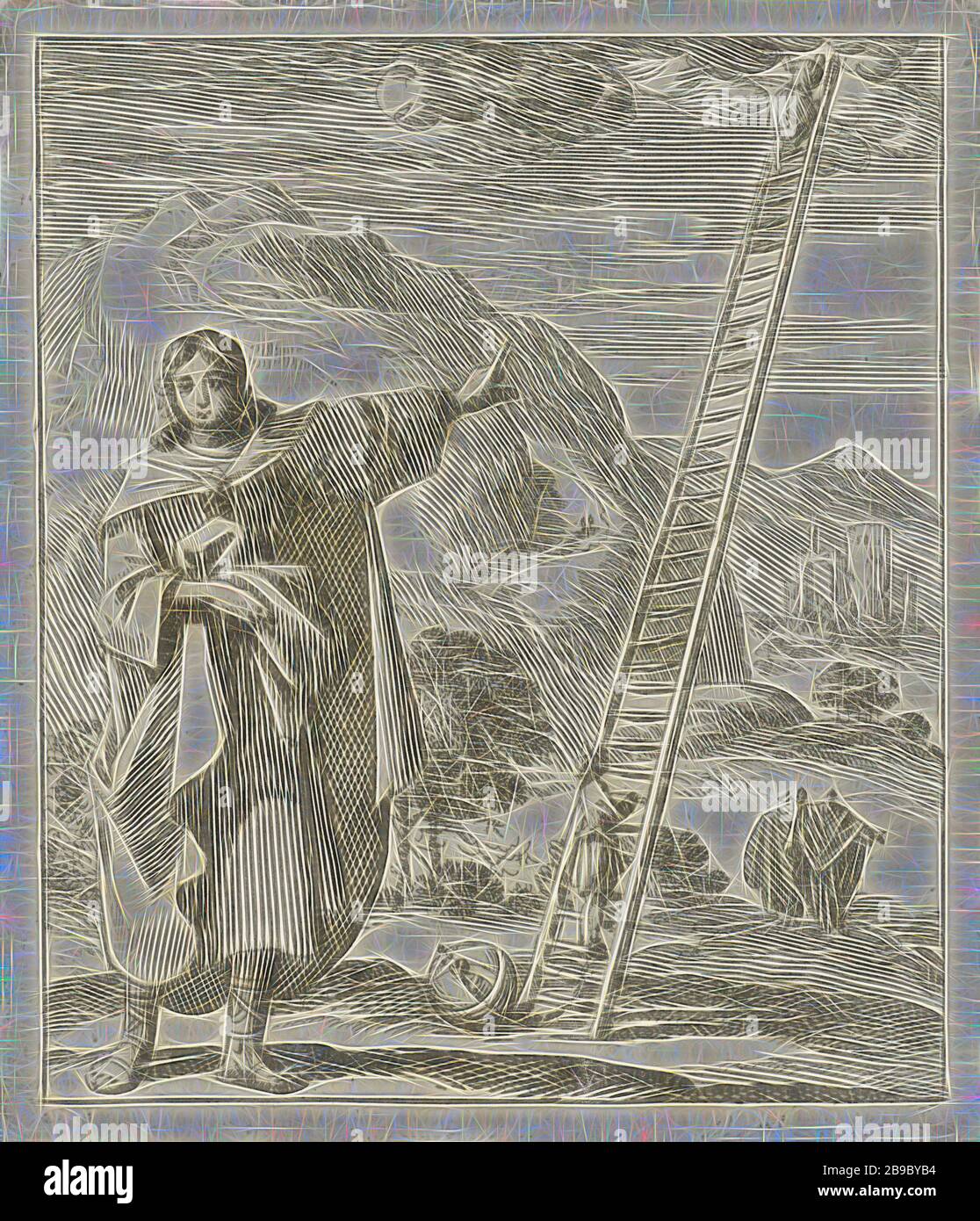 Der Mann, der auf eine Leiter zeigt, die von der Erde zum Himmel reicht, der mit halbierter Arbeit ruht, die Nebelscheinwerfer sind weiß und ogemerk, Leiter, Treppe zum Himmel, Jan Luyken, Amsterdam, 1689, Papier, Briefpressendruck, h 93 mm × w 80 mm, von Gibon neu vorgestellt, Design mit warmem, fröhlichem Glanz von Helligkeit und Lichtstrahlen. Klassische Kunst mit moderner Note neu erfunden. Fotografie, inspiriert vom Futurismus, die dynamische Energie moderner Technologie, Bewegung, Geschwindigkeit und Kultur revolutionieren. Stockfoto