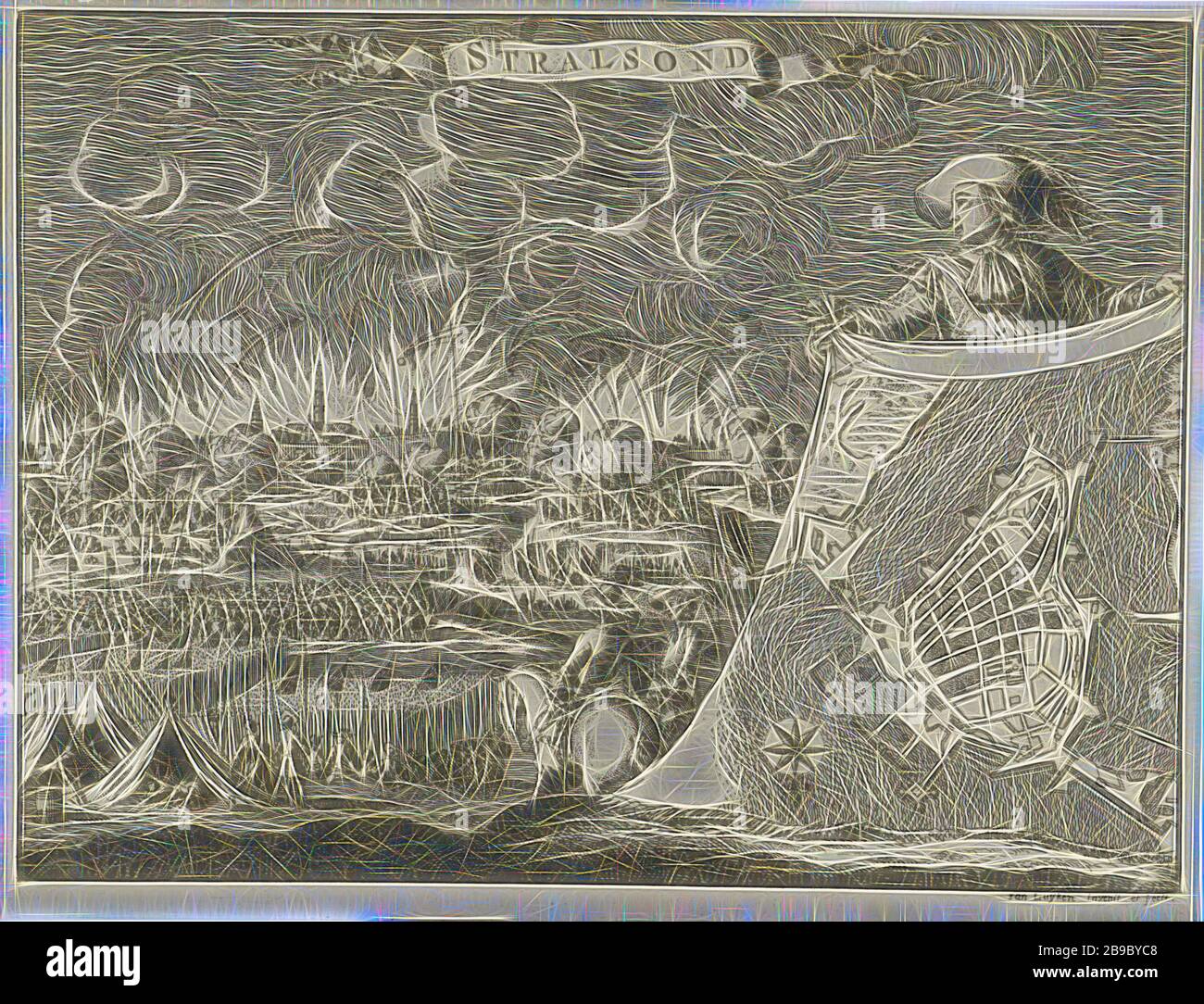 Belagerung von Stralsund, 1678, der Stadt von Stralsund (Titel auf dem Objekt), der Belagerung von Stralsund, 10. Und 11. Oktober 1678. Nach zwei Tagen Bombardierung wurde das stark zerstörte Stralsund an die Brandenburger Soldaten übergeben: Belagerung, Stellungskrieg, Stralsund, Jan Luyken (auf Objekt erwähnt), Amsterdam, 1680, Papier, Radierung, h 123 mm × w 159 mm, von Gibon neu vorstellbar, Gestaltung von warmem, fröhlichem Leuchten von Helligkeit und Lichtstrahlen. Klassische Kunst mit moderner Note neu erfunden. Fotografie, inspiriert vom Futurismus, die dynamische Energie moderner Technologie, Bewegung, Geschwindigkeit und Kultur revolutionieren. Stockfoto
